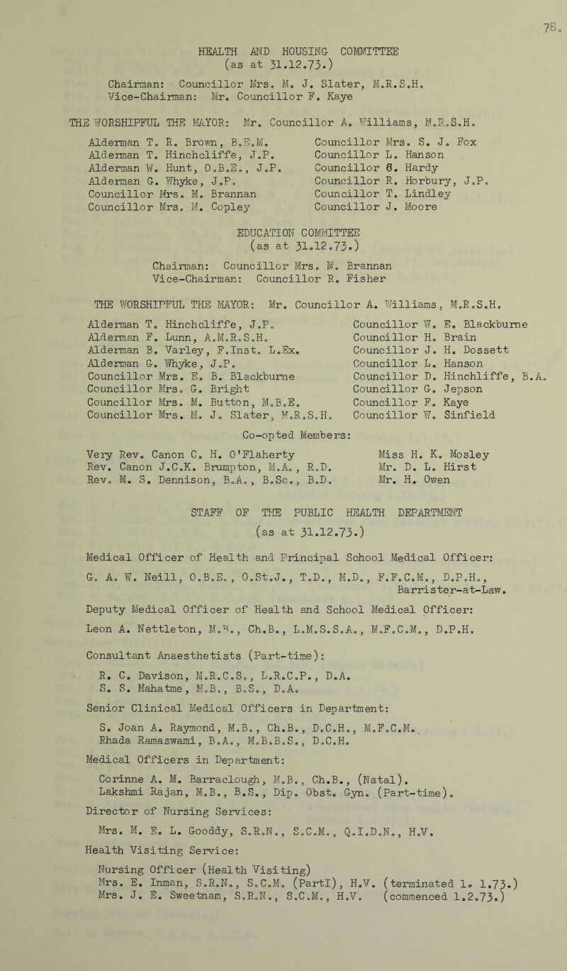 HEALTH AND HOUSING- COMMITTEE (as at 31.12.73*) Chairman: Councillor Mrs. M. J. Slater, M.R.S.H. Vice-Chairman: Mr. Councillor F. Kaye THE WORSHIPFUL THE MAYOR: Mr. Councillor A. Williams, M.R.S.H. Alderman T. R. Brown, B.E.M. Alderman T. Hinchcliffe, J.P. Alderman W. Hunt, O.B.E., J.P. Alderman G. Whyke, J.P. Councillor Mrs. M. Brannan Councillor Mrs. M. Copley Councillor Mrs. S. J. Fox Councillor L„ Councillor 6. Councillor R. Councillor T. Councillor J. Hanson Hardy Horbury, J.P. Lindley Moore EDUCATION COMMITTEE (as at 31.12.73.) Chairman: Councillor Mrs. M„ Brannan Vice-Chairman: Councillor R. Fisher THE WORSHIPFUL THE MAYOR: Mr Alderman T„ Hinchcliffe, J.P. Alderman F. Lunn, A.M.R.S.H. Alderman B. Varley, F.Inst. L.Ex. Alderman G-. Whyke, J.P. Councillor Mrs. E. B. Blaclcburne Councillor Mrs. G. Bright Councillor Mrs. M. Button, M.B.E. Councillor Mrs. M. J. Slater, M.R.S.H Councillor A. Williams. M.R.S.H. Councillor W. E. Blackbume Councillor H. Brain Councillor J. H. Dossett Councillor L. Hanson Councillor D. Hinchliffe, B.A Councillor G. Jepson Councillor F. Kaye Councillor W. Sinfield Co-opted Members: Very Rev. Canon C. H. O'Flaherty Rev. Canon J.C.K. Brumpton, M.A., R.D. Rev. M. S. Dennison, B.A., B.Sc., B.D. Miss H. K. Mosley Mr. D„ L. Hirst Mr. H. Owen STAFF OF THE PUBLIC HEALTH DEPARTMENT (as at 31.12.73.) Medical Officer of Health and Principal School Medical Officer: G. A. W. Neill, O.B.E., O.St.J., T.D., M.D., F.F.C.M., D.P.H., Barrister-at-Law. Deputy Medical Officer of Health and School Medical Officer: Leon A. Nettleton, M.B., Ch.B., L.M.S.S.A., M.F.C.M., D.P.H. Consultant Anaesthetists (Part-time): R. C. Davison, M.R.C.S., L.R.C.P., D.A. S. S. Mahatme, M.B., B.S., D.A. Senior Clinical Medical Officers in Department: S. Joan A. Raymond, M.B., Ch.B., D.C.H., M.F.C.M. Rhada Ramaswami, B.A., M.B.B.S., D.C.H. Medical Officers in Department: Corinne A. M. Barraclough, M.B., Ch.B., (Natal). Lakshmi Rajan, M.B., B.S., Dip. Obst. Gyn. (Part-time). Director of Nursing Services: Mrs. M. E. L. Gooddy, S.R.N., S.C.M., Q.I.D.N., H.V. Health Visiting Service: Nursing Officer (Health Visiting) Mrs. E. Inman, S.R.N., S.C.M. (Parti), H.V. (terminated 1. 1.73.) Mrs. J. E. Sweetnam, S.R.N., S.C.M., H.V. (commenced 1.2.73.)