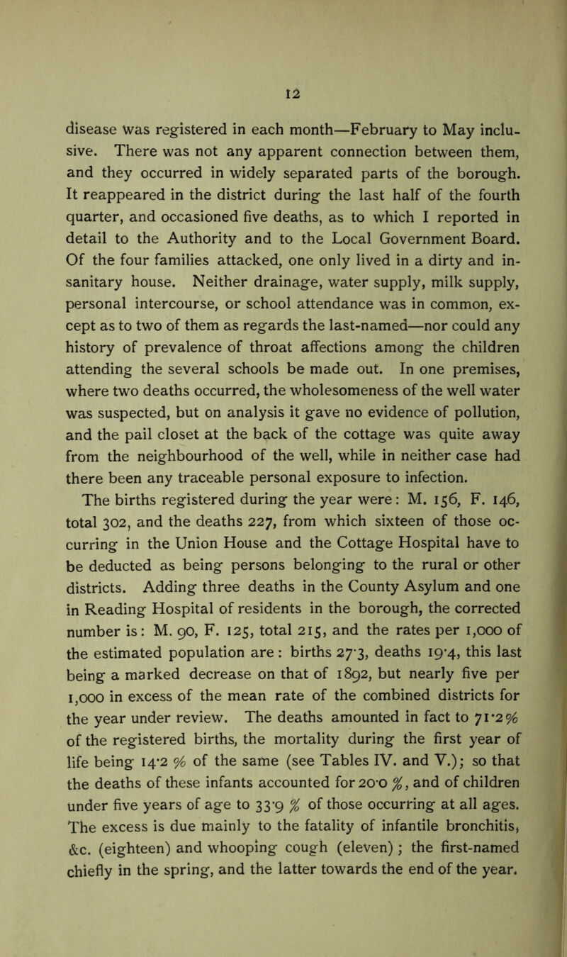 disease Was registered in each month—February to May inclu- sive. There was not any apparent connection between them, and they occurred in widely separated parts of the borough. It reappeared in the district during the last half of the fourth quarter, and occasioned five deaths, as to which I reported in detail to the Authority and to the Local Government Board. Of the four families attacked, one only lived in a dirty and in- sanitary house. Neither drainage, water supply, milk supply, personal intercourse, or school attendance was in common, ex- cept as to two of them as regards the last-named—nor could any history of prevalence of throat affections among the children attending the several schools be made out. In one premises, where two deaths occurred, the wholesomeness of the well water was suspected, but on analysis it gave no evidence of pollution, and the pail closet at the back of the cottage was quite away from the neighbourhood of the well, while in neither case had there been any traceable personal exposure to infection. The births registered during the year were: M. 156, F. 146, total 302, and the deaths 227, from which sixteen of those oc- curring in the Union House and the Cottage Hospital have to be deducted as being persons belonging to the rural or other districts. Adding three deaths in the County Asylum and one in Reading Hospital of residents in the borough, the corrected number is: M. 90, F. 125, total 215, and the rates per 1,000 of the estimated population are: births 273, deaths 19*4, this last being a marked decrease on that of 1892, but nearly five per 1,000 in excess of the mean rate of the combined districts for the year under review. The deaths amounted in fact to 71*2% of the registered births, the mortality during the first year of life being 14*2 % of the same (see Tables IV. and V.); so that the deaths of these infants accounted for 20*0 %, and of children under five years of age to 33*9 % of those occurring at all ages. The excess is due mainly to the fatality of infantile bronchitis, &c. (eighteen) and whooping cough (eleven); the first-named chiefly in the spring, and the latter towards the end of the year.