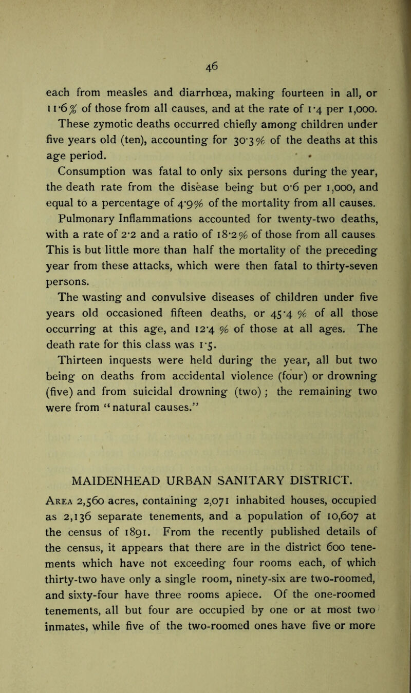 each from measles and diarrhoea, making fourteen in all, or \i'6% of those from all causes, and at the rate of i‘4 per 1,000. These zymotic deaths occurred chiefly among children under five years old (ten), accounting for 30*396 of the deaths at this age period. Consumption was fatal to only six persons during the year, the death rate from the disease being but 0*6 per 1,000, and equal to a percentage of 4-9% of the mortality from all causes. Pulmonary Inflammations accounted for twenty-two deaths, with a rate of 2-2 and a ratio of 18*2% of those from all causes This is but little more than half the mortality of the preceding year from these attacks, which were then fatal to thirty-seven persons. The wasting and convulsive diseases of children under five years old occasioned fifteen deaths, or 45*4 % of all those occurring at this age, and 12*4 % of those at all ages. The death rate for this class was 1*5. Thirteen inquests were held during the year, all but two being on deaths from accidental violence (four) or drowning (five) and from suicidal drowning (two); the remaining two were from “natural causes.” MAIDENHEAD URBAN SANITARY DISTRICT. Area 2,560 acres, containing 2,071 inhabited houses, occupied as 2,136 separate tenements, and a population of 10,607 at the census of 1891. From the recently published details of the census, it appears that there are in the district 600 tene- ments which have not exceeding four rooms each, of which thirty-two have only a single room, ninety-six are two-roomed, and sixty-four have three rooms apiece. Of the one-roomed tenements, all but four are occupied by one or at most two inmates, while five of the two-roomed ones have five or more