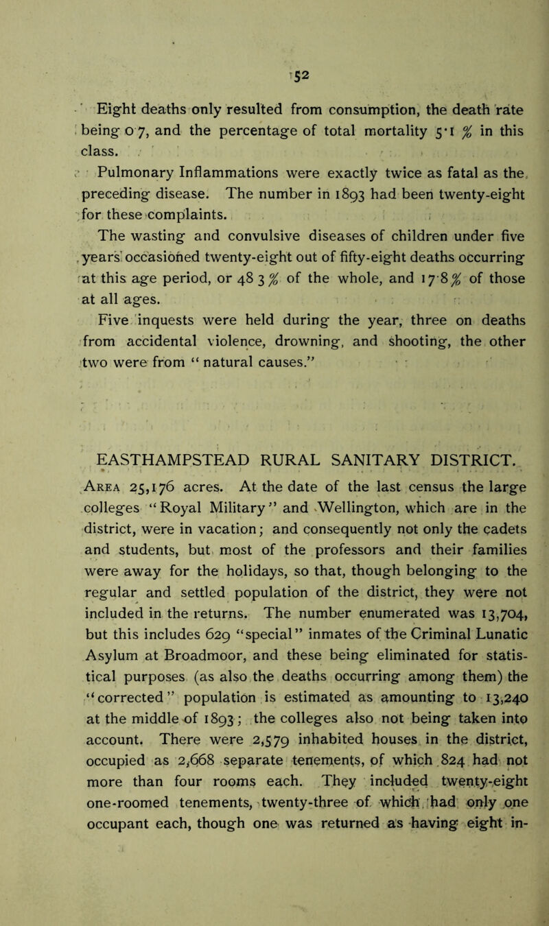 Eight deaths only resulted from consumption, the death rate being 0 7, and the percentage of total mortality 5*1 % in this class. Pulmonary Inflammations were exactly twice as fatal as the preceding disease. The number in 1893 had been twenty-eight for these complaints. The wasting and convulsive diseases of children under five years'occasioned twenty-eight out of fifty-eight deaths occurring at this age period, or 48 3% of the whole, and 17 8% of those at all ages. Five inquests were held during the year, three on deaths from accidental violence, drowning, and shooting, the other two were from “ natural causes.” EASTHAMPSTEAD RURAL SANITARY DISTRICT. Area 25,176 acres. At the date of the last census the large colleges “Royal Military” and Wellington, which are in the district, were in vacation; and consequently not only the cadets and students, but most of the professors and their families were away for the holidays, so that, though belonging to the regular and settled population of the district, they were not included in the returns. The number enumerated was 13,704, but this includes 629 “special” inmates of the Criminal Lunatic Asylum at Broadmoor, and these being eliminated for statis- tical purposes (as also the deaths occurring among them) the “corrected” population is estimated as amounting to 13,240 at the middle of 1893 ; the colleges also not being taken into account. There were 2,579 inhabited houses in the district, occupied as 2,668 separate tenements, of which 824 had not more than four rooms each. They included twenty-eight one-roomed tenements, twenty-three of which had only one occupant each, though one was returned as having eight in-