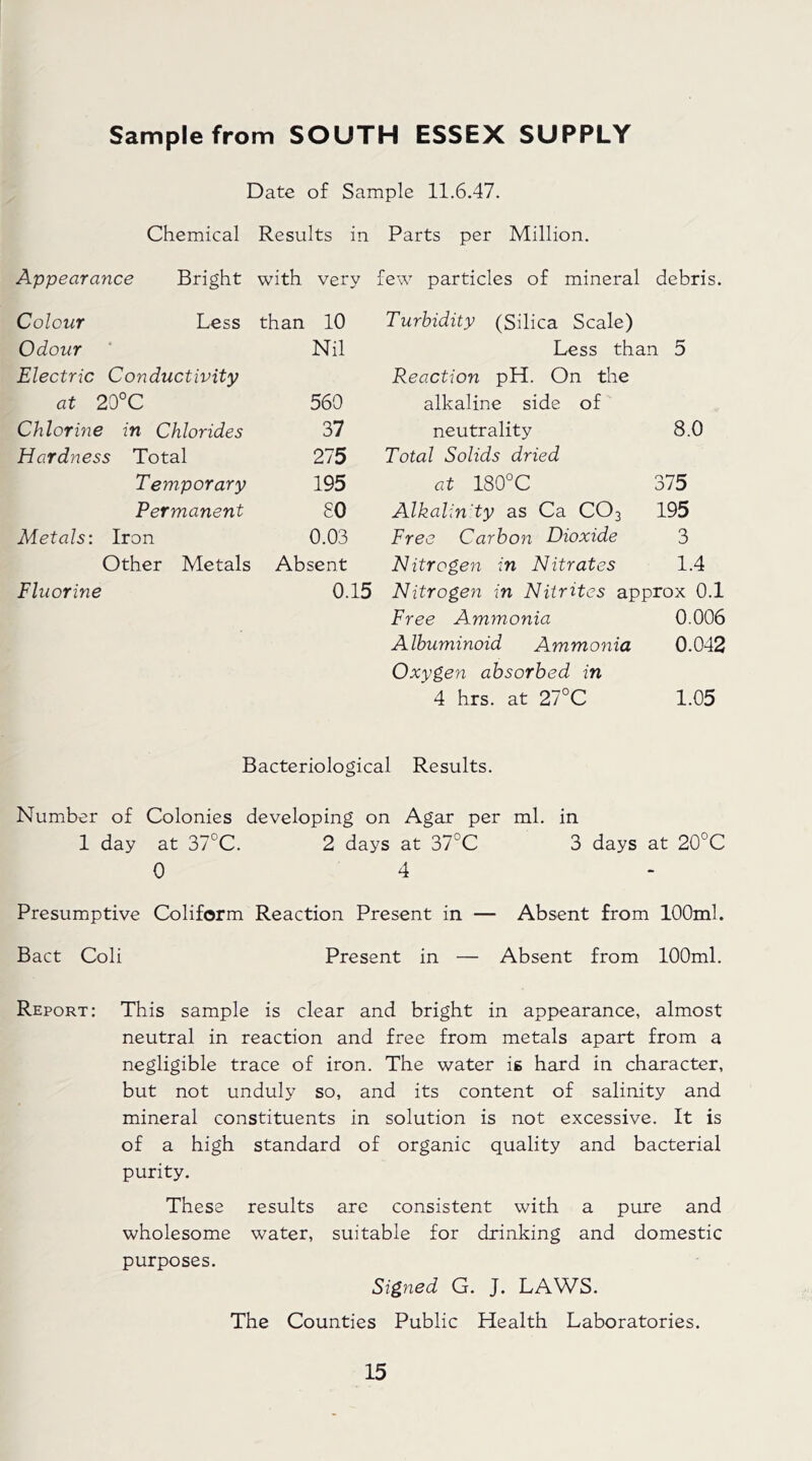 Sample from SOUTH ESSEX SUPPLY Date of Sample 11.6.47. Chemical Results in Parts per Million. Appearance Bright with very Colour Less than 10 Odour Nil Electric Conductivity at 20°C 560 Chlorine in Chlorides 37 Hardness Total 275 Temporary 195 Permanent 80 Metals: Iron 0.03 Other Metals Absent Fluorine 0. few particles of mineral debris. Turbidity (Silica Scale) Less than 5 Reaction pH. On the alkaline side of neutrality 8.0 Total Solids dried at 180°C 375 Alkalin'ty as Ca COB 195 Free Carbon Dioxide 3 Nitrogen in Nitrates 1.4 Nitrogen in Nitrites approx 0.1 Free Ammonia 0.006 Albuminoid Ammonia 0.042 Oxygen absorbed in 4 hrs. at 27°C 1.05 Bacteriological Results. Number of Colonies developing on Agar per ml. in 1 day at 37°C. 2 days at 37°C 3 days at 20°C 0 4 Presumptive Coliform Reaction Present in — Absent from 100ml. Bact Coli Present in — Absent from 100ml. Report: This sample is clear and bright in appearance, almost neutral in reaction and free from metals apart from a negligible trace of iron. The water is hard in character, but not unduly so, and its content of salinity and mineral constituents in solution is not excessive. It is of a high standard of organic quality and bacterial purity. These results are consistent with a pure and wholesome water, suitable for drinking and domestic purposes. Signed G. J. LAWS. The Counties Public Health Laboratories.