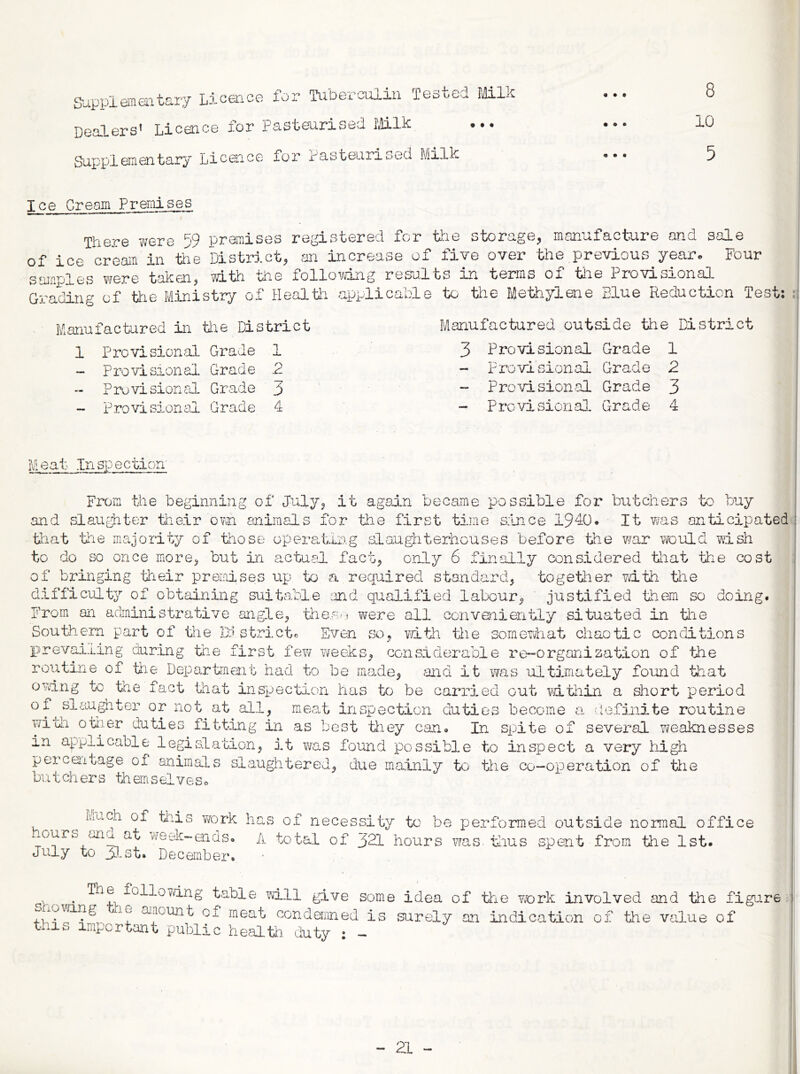 S’appleinentary Licence for Tnberailin Teo^ed rill.c Dealers’ Licence for Pastoarised i'illk Supplementary Licence for Pasteurised Milk • • • 8 10 5 Tee Cream Premises There v;ere 59 premises re{^istered for tine storage, manufacture and sale of ice cream in the District, an increase of five over the previous year* Four sajnples were taken, witlri the follovdng results in terms of the Provisiona]. G'rading of ttie Ministry of Healti applicable to tiie Meidiylene Blue Reduction Test; Manufactured in tie District 1 Pro vision.al Grade 1 - Provisional Grade 2 - Pruvisional Grade 3 - Provisional Grade 4 Manufactured outside the District 3 Provisional Grade 1 - Provisional Grade 2 ~ Provisional Grade 3 - Provisional Grade 4 Meat Inspection From the beginning of July, it again became possible for butchers 'to buy and slaughter their ovri animals for the first time s:lnce 1940. It was anticipated tiat tne majority of those opera.ting slaughterhouses before the war would wish to do so once more, but in actual fact, only 6 finally considered tliat tine cost of bringing their premises up to a required standard, togetlier vlth tine difficulty of obtaining suitable rmd qualified labour, justified them so doing. From an aciministrative angle, tine,am were all conveniently situated in the Southern part of tine strict^ Even so, vatli tlie somewhat chaotic conditions prevailing during the first fevj weeks, considerable re-organiaation of the routine of tiie Department had to be made, and it was ultimately found tnat owing tC' the fact that inspectium has to be carried out wltliin a short period of^ slaughter or not^at all, meat iiivspection duties become a ilefinite routine y/ith 0tiler duties fitting in as best they can. In spite of several weaknesses in applicable legislation, it was found poSvSible to inspect a very high percQitage of animals slaughtered, due mainly to tiie co-operation of the butchers thernselveso Much of tils Y/ork has of necessity to be performed outside normal office .ours an^ at week-eids. A total of 321 hours wras tiius spent from tiie 1st. July to 3.St. December. • table Yvlll give some idea of the work involved and the figure meat condemned is surely an indication of the value of this important public health, duty ; -