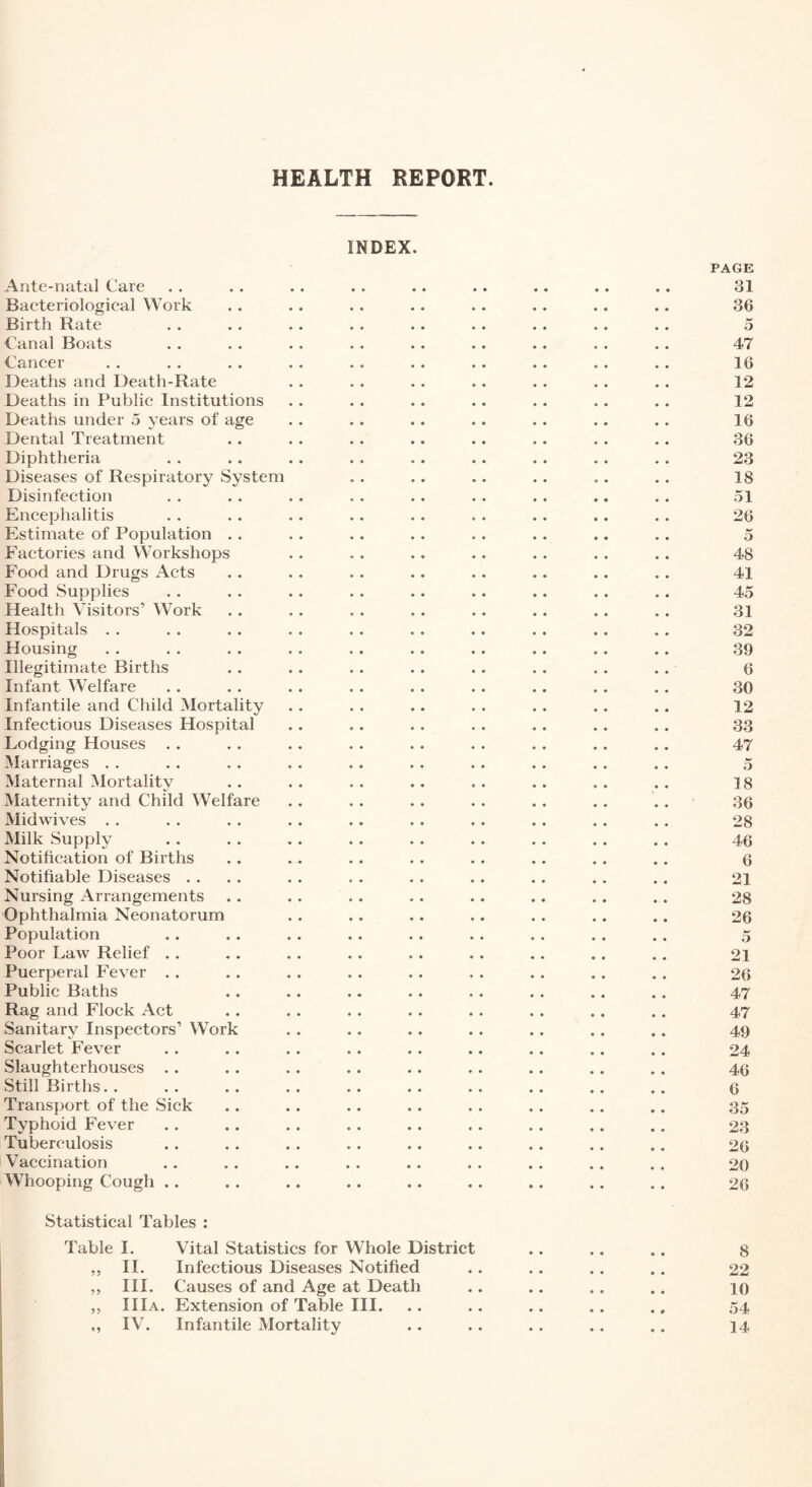 HEALTH REPORT. INDEX. Ante-natal Care Bacteriological Work Birth Rate Canal Boats Cancer Deaths and Death-Rate Deaths in Public Institutions Deaths under 5 years of age Dental Treatment Diphtheria Diseases of Respiratory System Disinfection Encephalitis Estimate of Population . . Factories and Workshops Food and Drugs Acts Food Supplies Health Visitors’ Work Hospitals . . Housing Illegitimate Births Infant Welfare Infantile and Child Mortality Infectious Diseases Hospital Lodging Houses . . Marriages . . Maternal Mortality Maternity and Child Welfare Midwives . . Milk Supply Notification of Births Notifiable Diseases . . Nursing Arrangements Ophthalmia Neonatorum Population Poor Law Relief . . Puerperal Fever . . Public Baths Rag and Flock Act Sanitary Inspectors’ Work Scarlet Fever Slaughterhouses . . Still Births. . Transport of the Sick Typhoid Fever Tuberculosis Vaccination Whooping Cough .. Statistical Tables : Table I. „ 11. HI. IIlA. IV. Vital Statistics for Whole District Infectious Diseases Notified Causes of and Age at Death Extension of Table III. Infantile Mortality PAGE 31 36 5 47 16 12 12 16 36 23 18 51 26 5 48 41 45 31 32 39 6 30 12 33 47 5 18 36 28 46 6 21 28 26 5 21 26 47 47 49 24 46 6 35 23 26 20 26 8 22 10 54 14