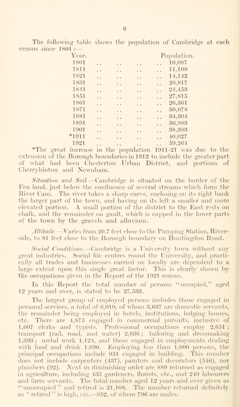 The followino' table shows the population of Cambridge at eaeh census sinee 1801 :— Year. Population. 1801 1811 1821 1831 1841 1851 1861 1871 1881 1891 1901 *1911 10,087 11,108 14,142 20,817 24,453 27,815 26,361 30,078 34,304 36,983 38,393 40,027 1921 *The great inerease in tlie population 19 59,264 11-21 was due to the extension of the Borough boundaries in 1912 to include the greater part of what had been Chesterton Urban District, and portions of Ciierrvhinton and Xewnliam. Situation and Soil—Cambrido-e is situated on the border of the o Fen land, just below the confluence of several streams which form the River Cam. The river takes a sharp curve, enclosing on its right ])ank the larger ]:)art of the town, and having on its left a smaller and more elevated portion. A small portion of the district to the East rests on chalk, and the remainder on gault, which is capped in the lower parts of the town by the gravels and alluvium. Altitude —Varies from 20.7 feet close to the Pumj)ing Station, River- side, to 81 feet close to the Borough boundary on Huntingdon Road. Social Conditions.—Cambridge is a Uni^'ersity town without any great industries. Social life centres round the University, and ])racti- callv all trades and businesses carried on locally are deiDendent to a c/ 1 large extent upon this single great factor. This is clearly shown by the occupations given in the Report of the 1921 census. In this Report the total number of persons ‘‘occu]:)ied,” aged 12 years and over, is stated to be 27,533. The largest grou}) of em])loyed persons includes those engaged in ])ersonal services, a total of 6,010, of whom 3,637 are domestic servants, the remainder being em})loyed in hotels, institutions, lodging houses, etc. There are 4,875 engaged in commercial pursuits, inclusive of 1,607 clerks and ty})ists. Professional occupations employ 2,651 ; transport (rail, road, and water) 2,636 ; tailoring and dressmaking 1,393; metal work 1,124, and those engaged in cmploymeiits dealing with food and drink 1,090. Employing less than 1,000 persons, the principal occupations include 951 engaged in ])uilding. This number does not include car])enters (437), ]:»ainters and decorators (546), nor plumbers (92). Next in diminishing order are 889 returned as engaged in agriculture, including 435 gardeners, florists, etc., and 249 labourers and farm servants. The total number aged 12 years and over given as “unoccupied” and retired is 21,108. The number returned delinitely as “ retired ” is high, viz.—952, of whom 796 are males.