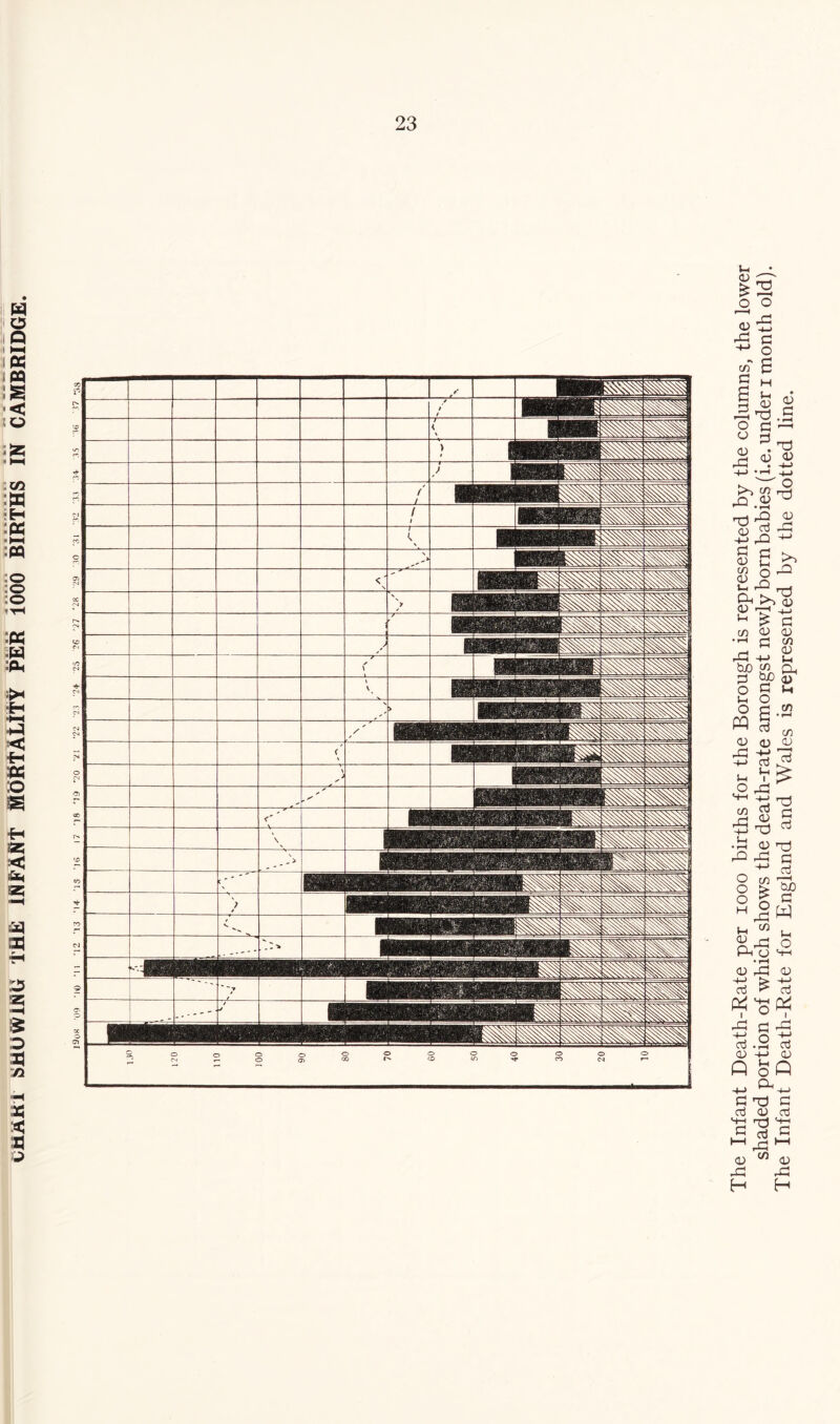 The Infant Death-Rate per looo births for the Borough is represented by the columns, the lower shaded portion of which shows the death-rate amongst newly born babies (i.e. under i month old). The Infant Death-Rate for England and Wales is represented by the dotted line.