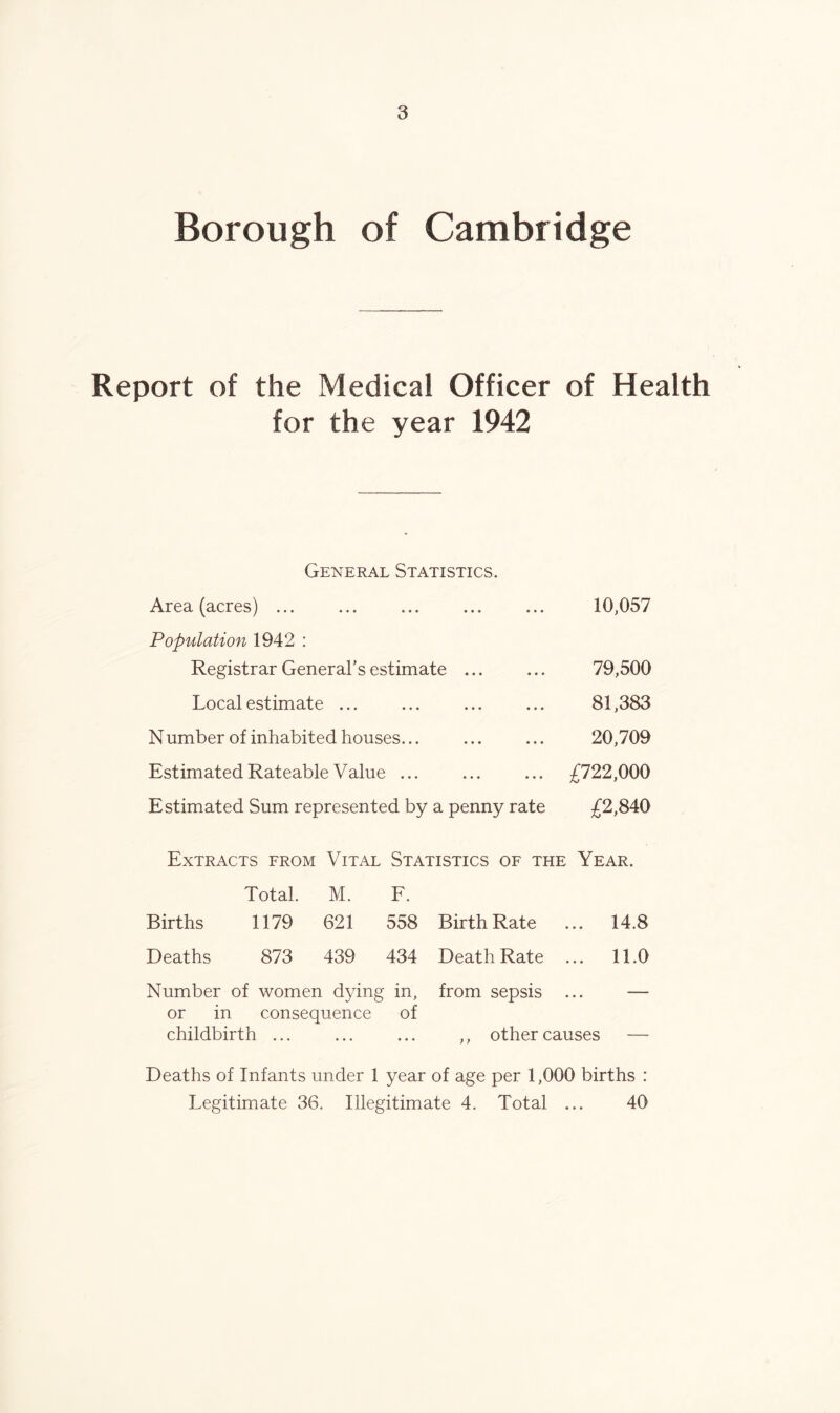 Borough of Cambridge Report of the Medical Officer of Health for the year 1942 General Statistics. Area (acres) ... Population 1942 : Registrar General's estimate ... Local estimate ... Number of inhabited houses... Estimated Rateable Value ... Estimated Sum represented by a penny rate 10,057 79,500 81,383 20,709 £722,000 £2,840 Extracts from Vital Statistics of the Year. Births Total. 1179 M. 621 F. 558 Birth Rate 14.8 Deaths 873 439 434 Death Rate ... 11.0 Number of women . dying in, from sepsis ... — or in consequence of childbirth ... ... ... ,, other causes — Deaths of Infants under 1 year of age per 1,000 births : Legitimate 36. Illegitimate 4. Total ... 40