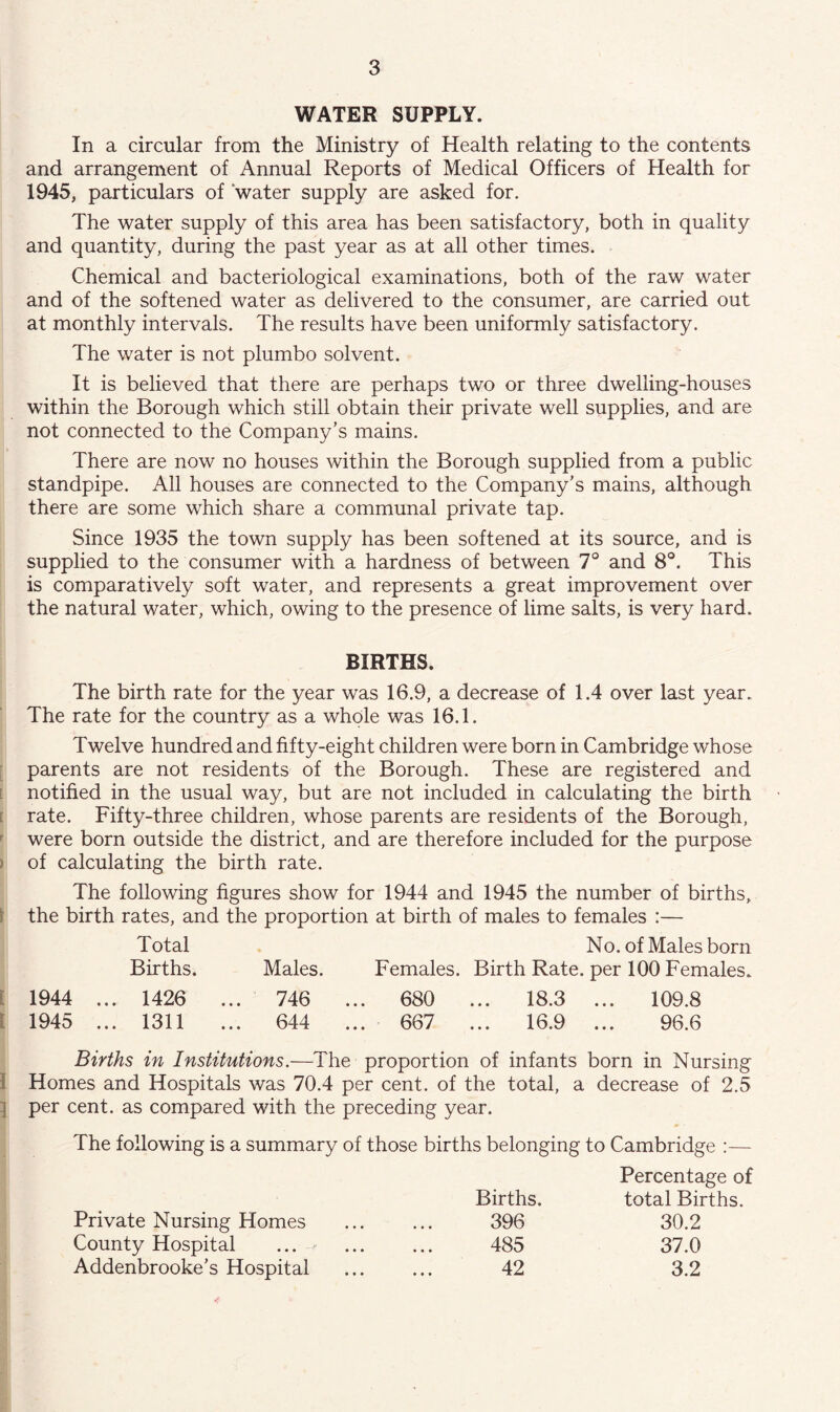 WATER SUPPLY. In a circular from the Ministry of Health relating to the contents and arrangement of Annual Reports of Medical Officers of Health for 1945, particulars of water supply are asked for. The water supply of this area has been satisfactory, both in quality and quantity, during the past year as at all other times. Chemical and bacteriological examinations, both of the raw water and of the softened water as delivered to the consumer, are carried out at monthly intervals. The results have been uniformly satisfactory. The water is not plumbo solvent. It is believed that there are perhaps two or three dwelling-houses within the Borough which still obtain their private well supplies, and are not connected to the Company’s mains. There are now no houses within the Borough supplied from a public standpipe. All houses are connected to the Company’s mains, although there are some which share a communal private tap. Since 1935 the town supply has been softened at its source, and is supplied to the consumer with a hardness of between 7° and 8°. This is comparatively soft water, and represents a great improvement over the natural water, which, owing to the presence of lime salts, is very hard. BIRTHS. The birth rate for the year was 16.9, a decrease of 1.4 over last year. The rate for the country as a whole was 16.1. Twelve hundred and fifty-eight children were born in Cambridge v/hose [ parents are not residents of the Borough. These are registered and [ notified in the usual way, but are not included in calculating the birth [ rate. Fifty-three children, whose parents are residents of the Borough, ' were born outside the district, and are therefore included for the purpose ) of calculating the birth rate. The following figures show for 1944 and 1945 the number of births, \ the birth rates, and the proportion at birth of males to females :— Total No. of Males born Births. Males. Females. Birth Rate, per 100 Females. i 1944 ... 1426 ... 746 ... 680 ... 18.3 ... 109.8 [ 1945 ... 1311 ... 644 ... 667 ... 16.9 ... 96.6 Births in Institutions.—The proportion of infants born in Nursing 1 Homes and Hospitals was 70.4 per cent, of the total, a decrease of 2.5 ^ per cent, as compared with the preceding year. The following is a summary of those births belonging to Cambridge :— Private Nursing Homes County Hospital Addenbrooke’s Hospital Births. 396 485 42 Percentage of total Births. 30.2 37.0 3.2