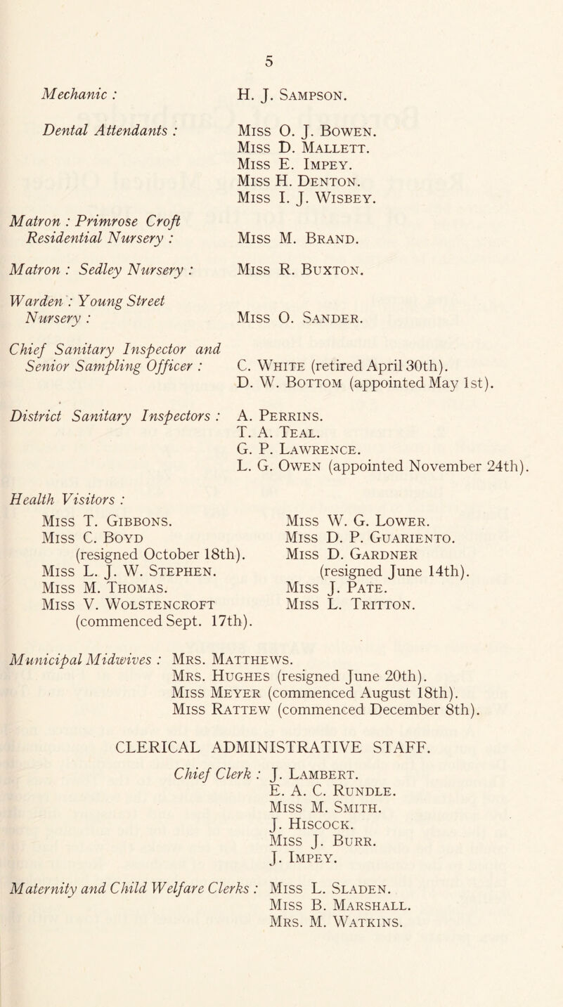 Mechanic : H. J. Sampson. Dental Attendants Matron : Primrose Croft Residential Nursery : Matron : Sedley Nursery : Warden : Young Street Nursery : Chief Sanitary Inspector and Senior Sampling Officer : District Sanitary Inspectors : Miss O. J. Bowen. Miss D. Mallett. Miss E. Impey. Miss H. Denton. Miss I. J. Wisbey. Miss M. Brand. Miss R. Buxton. Miss O. Sander. C. White (retired April 30th). D. W. Bottom (appointed May 1st). A. Perrins. T. A. Teal. G. P. Lawrence. L. G. Owen (appointed November 24th). Health Visitors : Miss T. Gibbons. Miss C. Boyd (resigned October 18th). Miss L. J. W. Stephen. Miss M. Thomas. Miss V. Wolstencroft (commenced Sept. 17th). Miss W. G. Lower. Miss D. P. Guariento. Miss D. Gardner (resigned June 14th). Miss J. Pate. Miss L. Tritton. Municipal Midwives : Mrs. Matthews. Mrs. Hughes (resigned June 20th). Miss Meyer (commenced August 18th). Miss Rattew (commenced December 8th). CLERICAL ADMINISTRATIVE STAEE. Chief Clerk : J. Lambert. E. A. C. Rundle. Miss M. Smith. J. Hiscock. Miss J. Burr. J. Impey. Maternity and Child Welfare Clerks : Miss L. Sladen. Miss B. Marshall. Mrs. M. Watkins.