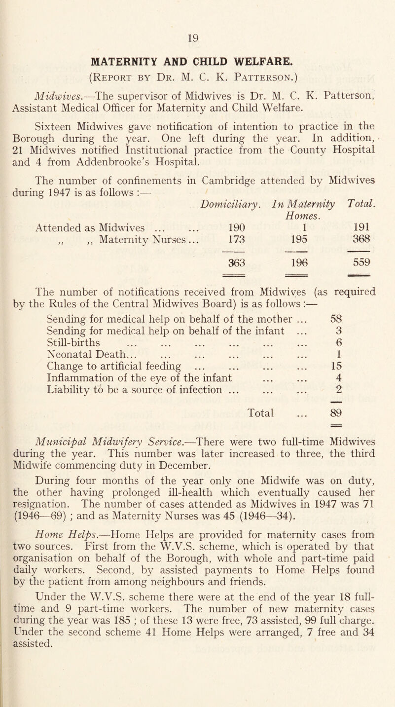 MATERNITY AND CHILD WELFARE. (Report by Dr. M. C. K. Patterson.) Midwives.—The supervisor of Midwives is Dr. M. C. K. Patterson, Assistant Medical Officer for Maternity and Child Welfare. Sixteen Midwives gave notification of intention to practice in the Borough during the year. One left during the year. In addition, 21 Midwives notified Institutional practice from the County Hospital and 4 from Addenbrooke’s Hospital. The number of confinements in Cambridge attended by Midwives during 1947 is as follows Domiciliary. In Maternity Total. Homes. Attended as Midwives ... 190 1 191 ,, ,, Maternity Nurses 173 195 368 363 196 559 The number of notifications received from Midwiyes (as required by the Rules of the Central Midwives Board) is as follows:— Sending for medical help on behalf of the mother ... 58 Sending for medical help on behalf of the infant ... 3 Still-births ... ... ... ... ... ... 6 Neonatal Death... ... ... ... ... ... 1 Change to artificial feeding ... ... ... ... 15 Inflammation of the eye of the infant ... ... 4 Liability to be a source of infection ... ... ... 2 Total ... 89 Municipal Midwifery Service.—There were two full-time Midwives during the year. This number was later increased to three, the third Midwife commencing duty in December. During four months of the year only one Midwife was on duty, the other having prolonged ill-health which eventually caused her resignation. The number of cases attended as Midwives in 1947 was 71 (1946—69) ; and as Maternity Nurses was 45 (1946—34). Home Helps.—Home Helps are provided for maternity cases from two sources. First from the W.V.S. scheme, which is operated by that organisation on behalf of the Borough, with whole and part-time paid daily workers. Second, by assisted payments to Home Helps found by the patient from among neighbours and friends. Under the W.V.S. scheme there were at the end of the year 18 full- time and 9 part-time workers. The number of new maternity cases during the year was 185 ; of these 13 were free, 73 assisted, 99 full charge. Under the second scheme 41 Home Helps were arranged, 7 free and 34 assisted.