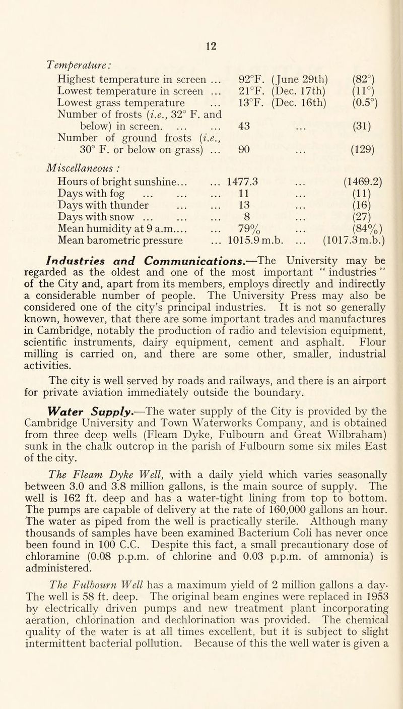 T emperature: Highest temperature in screen ... 92°F. (June 29th) (82°) Lowest temperature in screen ... 21°F. (Dec. 17 th) (11°) Lowest grass temperature 13°F. (Dec. 16th) (0.5°) Number of frosts {i.e., 32° F. and below) in screen. 43 (31) Number of ground frosts (i.e., 30° F. or below on grass) ... 90 • • • (129) iscellaneous : Hours of bright sunshine 1477.3 (1469.2) Days with fog 11 (11) Days with thunder 13 (16) Days with snow ... 8 (27) Mean humidity at 9 a.m.... 79% (84%) Mean barometric pressure 1015.9m.b. ... (1017.3m.b. Industries and Communications,—The University may be regarded as the oldest and one of the most important “ industries  of the City and, apart from its members, employs directly and indirectly a considerable number of people. The University Press may also be considered one of the city’s principal industries. It is not so generally known, however, that there are some important trades and manufactures in Cambridge, notably the production of radio and television equipment, scientific instruments, dairy equipment, cement and asphalt. Flour milling is carried on, and there are some other, smaller, industrial activities. The city is well served by roads and railways, and there is an airport for private aviation immediately outside the boundary. Water Supply,—The water supply of the City is provided by the Cambridge University and Town Waterworks Company, and is obtained from three deep wells (Fleam Dyke, Fulbourn and Great Wilbraham) sunk in the chalk outcrop in the parish of Fulbourn some six miles East of the city. The Fleam Dyke Well, with a daily yield which varies seasonally between 3.0 and 3.8 million gallons, is the main source of supply. The well is 162 ft. deep and has a water-tight lining from top to bottom. The pumps are capable of delivery at the rate of 160,000 gallons an hour. The water as piped from the well is practically sterile. Although many thousands of samples have been examined Bacterium Coli has never once been found in 100 C.C. Despite this fact, a small precautionary dose of chloramine (0.08 p.p.m. of chlorine and 0.03 p.p.m. of ammonia) is administered. The Fulbourn Well has a maximum yield of 2 million gallons a day- The well is 58 ft. deep. The original beam engines were replaced in 1953 by electrically driven pumps and new treatment plant incorporating aeration, chlorination and dechlorination was provided. The chemical quality of the water is at all times excellent, but it is subject to slight intermittent bacterial pollution. Because of this the well water is given a