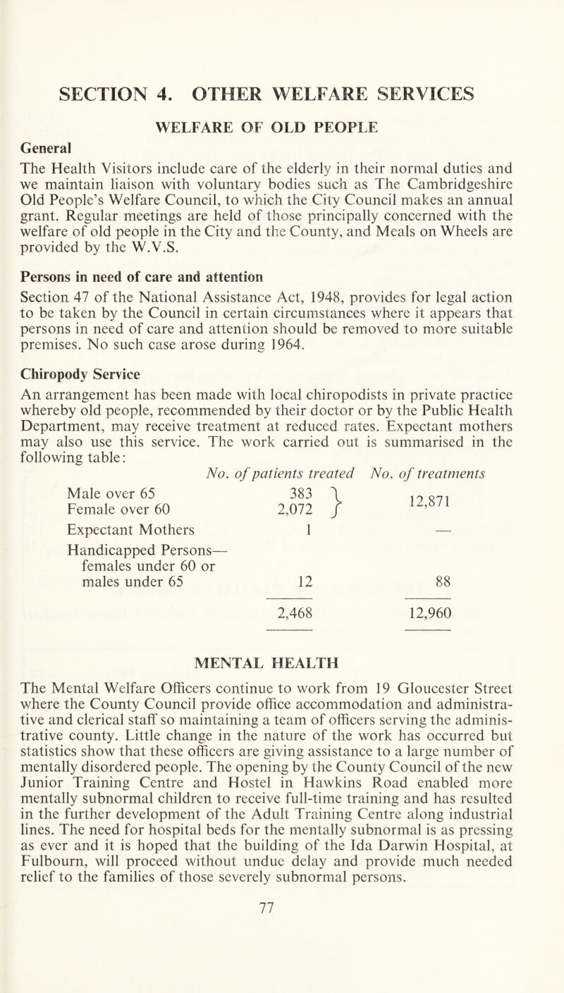 SECTION 4. OTHER WELFARE SERVICES WELFARE OF OLD PEOPLE General The Health Visitors include care of the elderly in their normal duties and we maintain liaison with voluntary bodies such as The Cambridgeshire Old People’s Welfare Council, to which the City Council makes an annual grant. Regular meetings are held of those principally concerned with the welfare of old people in the City and the County, and Meals on Wheels are provided by the W.V.S. Persons in need of care and attention Section 47 of the National Assistance Act, 1948, provides for legal action to be taken by the Council in certain circumstances where it appears that persons in need of care and attention should be removed to more suitable premises. No such case arose during 1964. Chiropody Service An arrangement has been made with local chiropodists in private practice whereby old people, recommended by their doctor or by the Public Health Department, may receive treatment at reduced rates. Expectant mothers may also use this service. The work carried out is summarised in the following table: No. of patients treated No. of treatments Male over 65 383 Female over 60 2,072 Expectant Mothers 1 Handicapped Persons— females under 60 or males under 65 12 2,468 \ / 12,871 88 12,960 MfENTAL HEALTH The Mental Welfare Officers continue to work from 19 Gloucester Street where the County Council provide office accommodation and administra- tive and clerical staff so maintaining a team of officers serving the adminis- trative county. Little change in the nature of the work has occurred but statistics show that these officers are giving assistance to a large number of mentally disordered people. The opening by the County Council of the new Junior Training Centre and Hostel in Hawkins Road enabled more mentally subnormal children to receive full-time training and has resulted in the further development of the Adult Training Centre along industrial lines. The need for hospital beds for the mentally subnormal is as pressing as ever and it is hoped that the building of the Ida Darwin Hospital, at Fulbourn, will proceed without undue delay and provide much needed relief to the families of those severely subnormal persons.