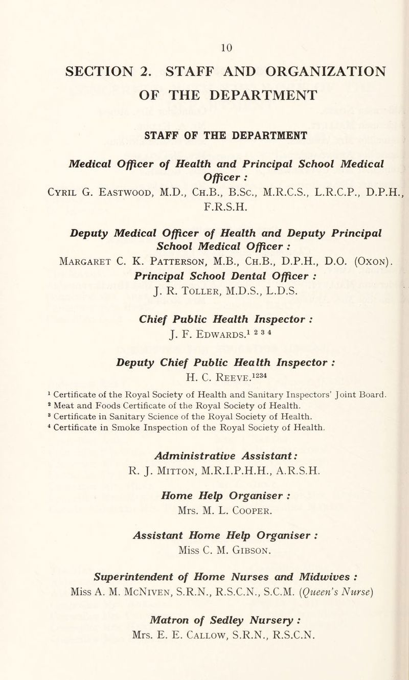 SECTION 2. STAFF AND ORGANIZATION OF THE DEPARTMENT STAFF OF THE DEPARTMENT Medical Officer of Health and Principal School Medical Officer : Cyril G. Eastwood, M.D., Ch.B., B.Sc., M.R.C.S., L.R.C.P., D.P.H., F.R.S.H. Deputy Medical Officer of Health and Deputy Principal School Medical Officer : Margaret C. K. Patterson, M.B., Ch.B., D.P.H., D.O. (Oxon). Principal School Dental Officer : J. R. Toller, M.D.S., L.D.S. Chief Public Health Inspector : J. F. Edwards.^ ^ ^ ^ Deputy Chief Public Health Inspector : H. C. Reeve.1234 ^ Certificate of the Royal Society of Health and Sanitary Inspectors’ Joint Board. 2 Meat and Foods Certificate of the Royal Society of Health. ® Certificate in Sanitary Science of the Royal Society of Health. ^ Certificate in Smoke Inspection of the Royal Society of Health. Administrative Assistant: R. J. Mitton, M.R.I.P.H.H., A.R.S.H. Home Help Organiser : Mrs. M. L. Cooper. Assistant Home Help Organiser : Miss C. M. Gibson. Superintendent of Home Nurses and Midwives : Miss A. M. McNiven, S.R.N., R.S.C.N., S.C.M. (Queens Nurse) Matron of Sedley Nursery : Mrs. E. E. Callow, S.R.N., R.S.C.N.