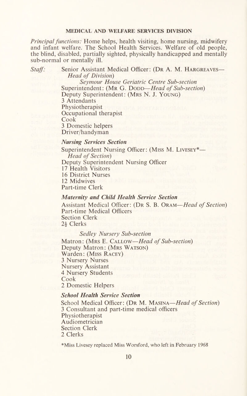 MEDICAL AND WELFARE SERVICES DIVISION Principal functions: Home helps, health visiting, home nursing, midwifery and infant welfare. The School Health Services. Welfare of old people, the blind, disabled, partially sighted, physically handicapped and mentally sub-normal or mentally ill. Staff: Senior Assistant Medical Officer: (Dr A. M. Hargreaves— Head of Division) Seymour House Geriatric Centre Sub-section Superintendent: (Mr G. Dodd—Head of Sub-section) Deputy Superintendent: (Mrs N. J. Young) 3 Attendants Physiotherapist Occupational therapist Cook 3 Domestic helpers Driver/handyman Nursing Services Section Superintendent Nursing Officer: (Miss M. Livesey*— Head of Section) Deputy Superintendent Nursing Officer 17 Health Visitors 16 District Nurses 12 Midwives Part-time Clerk Maternity and Child Health Service Section Assistant Medical Officer: (Dr S. B. Oram—Head of Section) Part-time Medical Officers Section Clerk Clerks Sedley Nursery Sub-section Matron: (Mrs E. Callow—Head of Sub-section) Deputy Matron: (Mrs Watson) Warden: (Miss Racey) 3 Nursery Nurses Nursery Assistant 4 Nursery Students Cook 2 Domestic Helpers School Health Service Section School Medical Officer: (Dr M. Masina—Head of Section) 3 Consultant and part-time medical officers Physiotherapist Audiometrician Section Clerk 2 Clerks *Miss Livesey replaced Miss Worsford, who left in February 1968