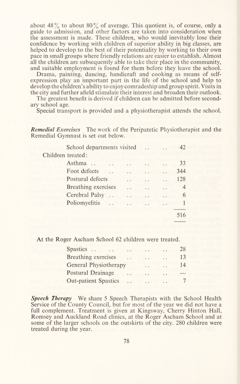 about 48% to about 80% of average. This quotient is, of course, only a guide to admission, and other factors are taken into consideration when the assessment is made. These children, who would inevitably lose their confidence by working with children of superior ability in big classes, are helped to develop to the best of their potentiality by working to their own pace in small groups where friendly relations are easier to establish. Almost all the children are subsequently able to take their place in the community, and suitable employment is found for them before they leave the school. Drama, painting, dancing, handicraft and cooking as means of self- expression play an important part in the life of the school and help to develop the children’s ability to enjoy comradeship and group spirit. Visits in the city and further afield stimulate their interest and broaden their outlook. The greatest benefit is derived if children can be admitted before second- ary school age. Special transport is provided and a physiotherapist attends the school. Remedial Exercises The work of the Peripatetic Physiotherapist and the Remedial Gymnast is set out below. School departments visited .. .. 42 Children treated: Asthma .. .. .. .. .. 33 Foot defects .. .. .. .. 344 Postural defects .. .. .. 128 Breathing exercises .. .. .. 4 Cerebral Palsy .. .. .. .. 6 Poliomyelitis .. .. .. .. 1 516 At the Roger Ascham School 62 children were treated. Spastics .. .. .. .. .. 28 Breathing exercises .. .. .. 13 General Physiotherapy .. .. 14 Postural Drainage .. .. .. — Out-patient Spastics .. .. .. 7 Speech Therapy We share 5 Speech Therapists with the School Health Service of the County Council, but for most of the year we did not have a full complement. Treatment is given at Kingsway, Cherry Hinton Hall, Romsey and Auckland Road clinics, at the Roger Ascham School and at some of the larger schools on the outskirts of the city. 280 children were treated during the year.