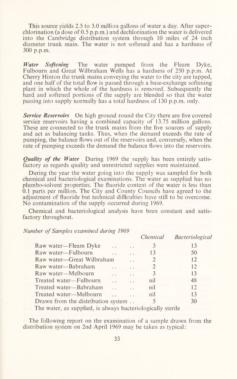 This source yields 2.5 to 3.0 million gallons of water a day. After super- chlorination (a dose of 0.5 p.p.m.) and dechlorination the water is delivered into the Cambridge distribution system through 10 miles of 24 inch diameter trunk main. The water is not softened and has a hardness of 300 p.p.m. Water Softening The water pumped from the Fleam Dyke, Fulbourn and Great Wilbraham Wells has a hardness of 250 p.p.m. At Cherry Hinton the trunk mains conveying the water to the city are tapped, and one half of the total flow is passed through a base-exchange softening plant in which the whole of the hardness is removed. Subsequently the hard and softened portions of the supply are blended so that the water passing into supply normally has a total hardness of 130 p.p.m. only. Service Reservoirs On high ground round the City there are five covered service reservoirs having a combined capacity of 13.75 million gallons. These are connected to the trunk mains from the five sources of supply and act as balancing tanks. Thus, when the demand exceeds the rate of pumping, the balance flows out of the reservoirs and, conversely, when the rate of pumping exceeds the demand the balance flows into the reservoirs. Quality of the Water During 1969 the supply has been entirely satis- factory as regards quality and unrestricted supplies were maintained. During the year the water going into the supply was sampled for both chemical and bacteriological examinations. The water as supplied has no plumbo-solvent properties. The fluoride content of the water is less than 0.1 parts per million. The City and County Councils have agreed to the adjustment of fluoride but technical difficulties have still to be overcome. No contamination of the supply occurred during 1969. Chemical and bacteriological analysis have been constant and satis- factory throughout. Number of Samples examined during 1969 Chemical Bacteriological Raw water—Fleam Dyke 3 13 Raw water—Fulbourn 13 50 Raw water—Great Wilbraham 2 12 Raw water—Babraham 2 12 Raw water—Melbourn 3 13 Treated water—Fulbourn nil 48 Treated water—Babraham nil 12 Treated water—Melbourn nil 13 Drawn from the distribution system .. 5 30 The water, as supplied, is always bacteriologically sterile The following report on the examination of a sample drawn from the distribution system on 2nd April 1969 may be taken as typical: