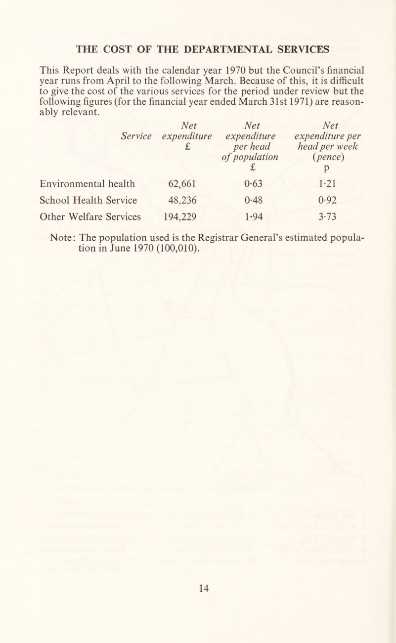 THE COST OF THE DEPARTMENTAL SERVICES This Report deals with the calendar year 1970 but the Council’s financial year runs from April to the following March. Because of this, it is difficult to give the cost of the various services for the period under review but the following figures (for the financial year ended March 31st 1971) are reason- ably relevant. Net Net Net Service expenditure £ expenditure per head of population £ expenditure per head per week (pence) P Environmental health 62,661 0-63 1-21 School Health Service 48,236 0-48 0-92 Other Welfare Services 194,229 1-94 3-73 Note: The population used is the Registrar General’s estimated popula- tion in June 1970 (100,010).