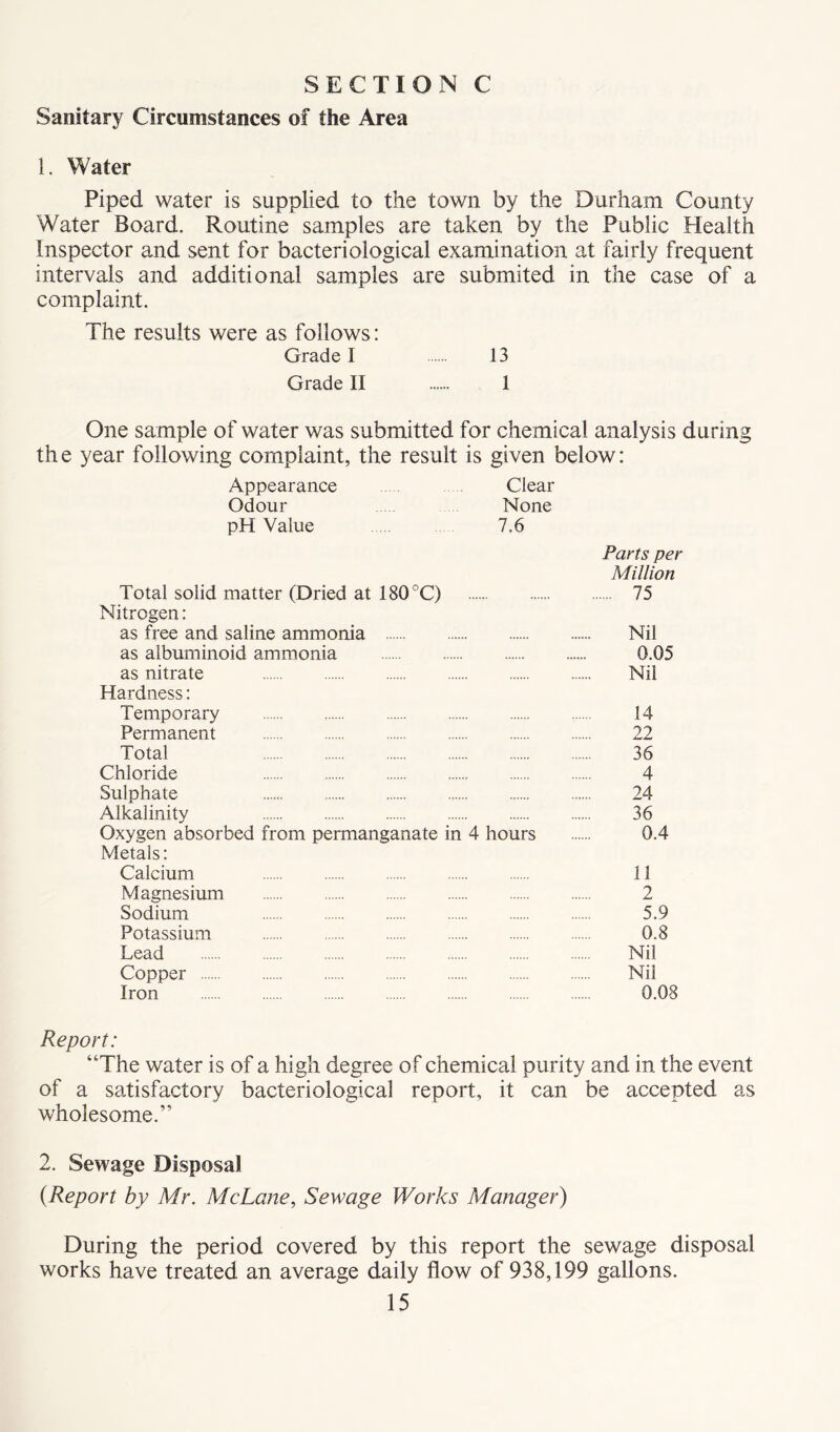 SECTION C Sanitary Circumstances of the Area 1. Water Piped water is supplied to the town by the Durham County Water Board. Routine samples are taken by the Public Health Inspector and sent for bacteriological examination at fairly frequent intervals and additional samples are submited in the case of a complaint. The results were as follows: Grade I 13 Grade II 1 One sample of water was submitted for chemical analysis during the year following complaint, the result is given below: Appearance Clear Odour None pH Value 7.6 Parts per Million Total solid matter (Dried at 180°C) 75 Nitrogen: as free and saline ammonia Nil as albuminoid ammonia 0.05 as nitrate Nil Hardness: Temporary 14 Permanent 22 Total 36 Chloride 4 Sulphate 24 Alkalinity 36 Oxygen absorbed from permanganate in 4 hours 0.4 Metals: Calcium 11 Magnesium 2 Sodium 5.9 Potassium 0.8 Lead Nil Copper Nil Iron 0.08 Report: ‘The water is of a high degree of chemical purity and in the event of a satisfactory bacteriological report, it can be accepted as wholesome.” 2. Sewage Disposal (.Report by Mr. McLane, Sewage Works Manager) During the period covered by this report the sewage disposal works have treated an average daily flow of 938,199 gallons.