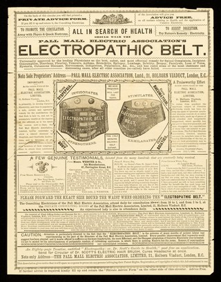 All in search of health should wear the Pall Mall Electric Association's Electropathic Belt.
