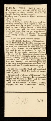 Testimony of a professor of galvanism regarding the efficacy of Grimstone's Eye Snuff as a cure for cholera.