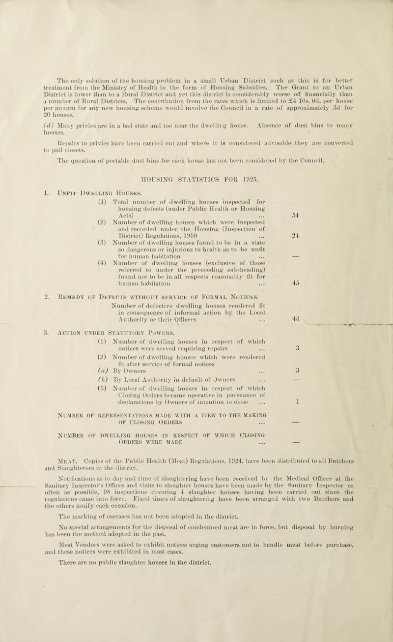 The only solution of the housing problem in a small Urban District such as this is for better treatment from the Ministry of Health in the form of Housing Subsidies. The Grant to an Urban District is lower than to a Rural District and yet this district is considerably worse oft- financially than a number of Rural Districts. The contribution from the rates which is limited to £4 10s. Od. per house per annum for any new housing scheme would involve the Council in a rate of approximately .‘Id for 20 houses. (d) Many privies are in a bad state and too near the dwelling house. Absence of dust bins to many houses. Repairs to privies have been carried out and where it is considered advisable they are converted to pail closets. The question of portable dust bins for each house has not been considered by the Council. HOUSING STATISTICS FOR 102.5. 1. Unfit Dwelling Houses. (1) Total number of dwelling houses inspected for housing defects (under Public Health or Housing Acts) (2) Number of dwelling houses which were inspected and recorded under the Housing (Inspection of District) Regulations, 1910 (3) Number of dwelling houses found to be in a state so dangerous or injurious to health as to be unfit for human habitation (4) Number of dwelling houses (exclusive of those referred to under the preceeding sub-heading) found not to be in all respects reasonably fit for human habitation 2. Remedy of Defects without service of Formal Notices. Number of defective dwelling houses rendered fit in consequence of informal action by the Local Authority or their Officers 3. Action under Statutory Powers. (1) Number of dwelling houses in respect of which notices were served requiring repairs (2) Number of dwelling houses which were rendered fit after service of formal notices (a) By Owners (b) By Local Authority in default of Owners (3) Number of dwelling houses in respect of which Closing Orders became operative in pursuance of declarations by Owners of intention to close Number of representations made with a view to the making of Closing Orders NUMBER OF DWELLING HOUSES IN RESPECT OF WHICH CLOSING Orders were made .54 21 4.5 46 3 3 1 Meat. Copies of the Public Health (Meat) Regulations, 1924, have been distributed to all Butchers and Slaughterers in the district. Notifications as to day and time of slaughtering have been received by the Medical Officer at the Sanitary Inspector’s Offices and visits to slaughter houses have been made by the Sanitary Inspector as often as possible, 98 inspections covering 4 slaughter houses having been carried out since the regulations came into force. Fixed times of slaughtering have been arranged with two Butchers and the others notify each occasion. The marking of carcases has not been adopted in the district. No special arrangements for the disposal of condemned meat are in force, but disposal by burning has been the method adopted in the past. Meat Vendors were asked to exhibit notices urging customers not to handle meat before purchase, and these notices were exhibited in most cases. There are no public slaughter houses in the district.