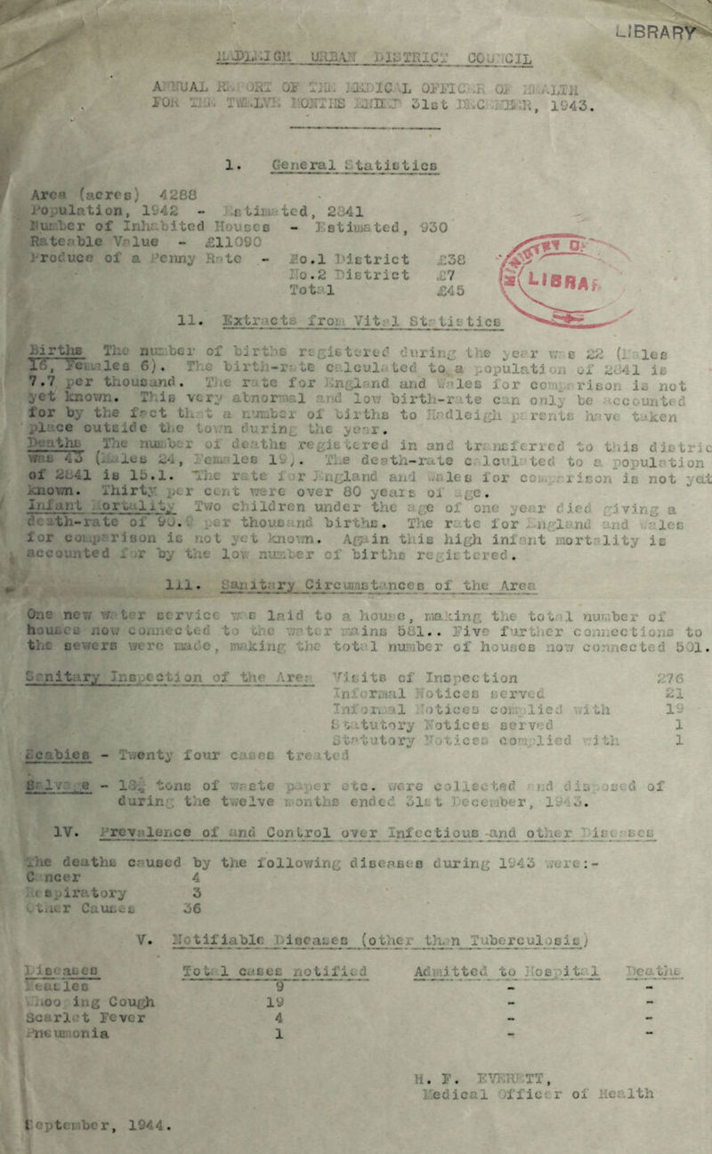 LIBRARY* ii J)L> j gr unj3r i.it,trict coir oil A NUAL i-l. CRT 01 THU :1£DICAL OFFIC .K 01 Ri./.Llii is n j 3ist n;c btr, 1943. 1. General Itatietics Area (acres) 4288 regulation, 1942 - .stii;u ted, 2341 Humber of Inhabited Houses - Estimated, OoO Rateable Value - £11090 Produce of a Penny Rate Ho.l District i;o.2 District £7 Total £45 11* Extract;- fro (Tit j. St; tie births The mu ber of Dir tbs registered during the ye- r v; e 22 (i ice 16, Feu’lea 6). The birth-rate calculated to. a population of 2841 i,-j 7.7 per thousand. The r.-te for L d and les for comp; rison not yet known. This very abnormal and low birth-r te c only be ccounted ior by the fact th c a number oi births to .[odleigh , rents have. taken place outside the town durir j-'hV^hL The nuL.ber of deaths registered in and transferred to this dietric Y/es no a res 2n, . c les 19;. death—rats c ]c 1 ted to a population oi 2841 is 15.1. The rate ior J hi gland and it s for co.. . x i- ig not knovm. Thirty per cent were over 80 yeais of age# Infant .-ortalit.-. Two children under the age of one year died giving a nth-rate of 90.c. thousand births. The rate ior . n 1 ni for comparison is not yet kno’.m. A@ in ti is high infant mort ] is accounted for by the lov number of births registered. Ill. Bar i it; ;ry G i r c uins tan c e s a f_ the Are a One new v; l i service w c laid to a home, waking the total nuaber of Houses iio;. co c to ere water mins 581.. Fiv i ir or connections to thi s< rs were king the tot 1 number of houses now co necte d 5 j. 3n i t: i ry In Bisection of the Are-,- Visits cf Inspection 276 Informal jtfotices served 21 Informal notices complied with 19 Statutory Notices served 1 Statute ry Votic es com;.> 1ied wj th 1 . cubics - Twenty four c lees treated 8r lv~. e - l .-ns of v/r-ete p per etc. were collected ... >scd of durin . the twelve t en 31st ber, 1943. IV. Prevalence of and Control over Infectious and other is The deaths caused by the following diseases during 1943 were:- C ncer 4 c spiratory 3 C uiier Causes 06 V. Diseases Teasles Vhoo ing Cough Scarlet Fever Pneui oriia lb _tiliable j'jicease(other th. n Tubercnl-ocisp* Tot; 1 cases notified Admitted to j ospit; 1 Deaths “5 ——  - - iy - 4 - 1 - $ept< r, 1944. H. F. EVERETT, ledical flic r of Health