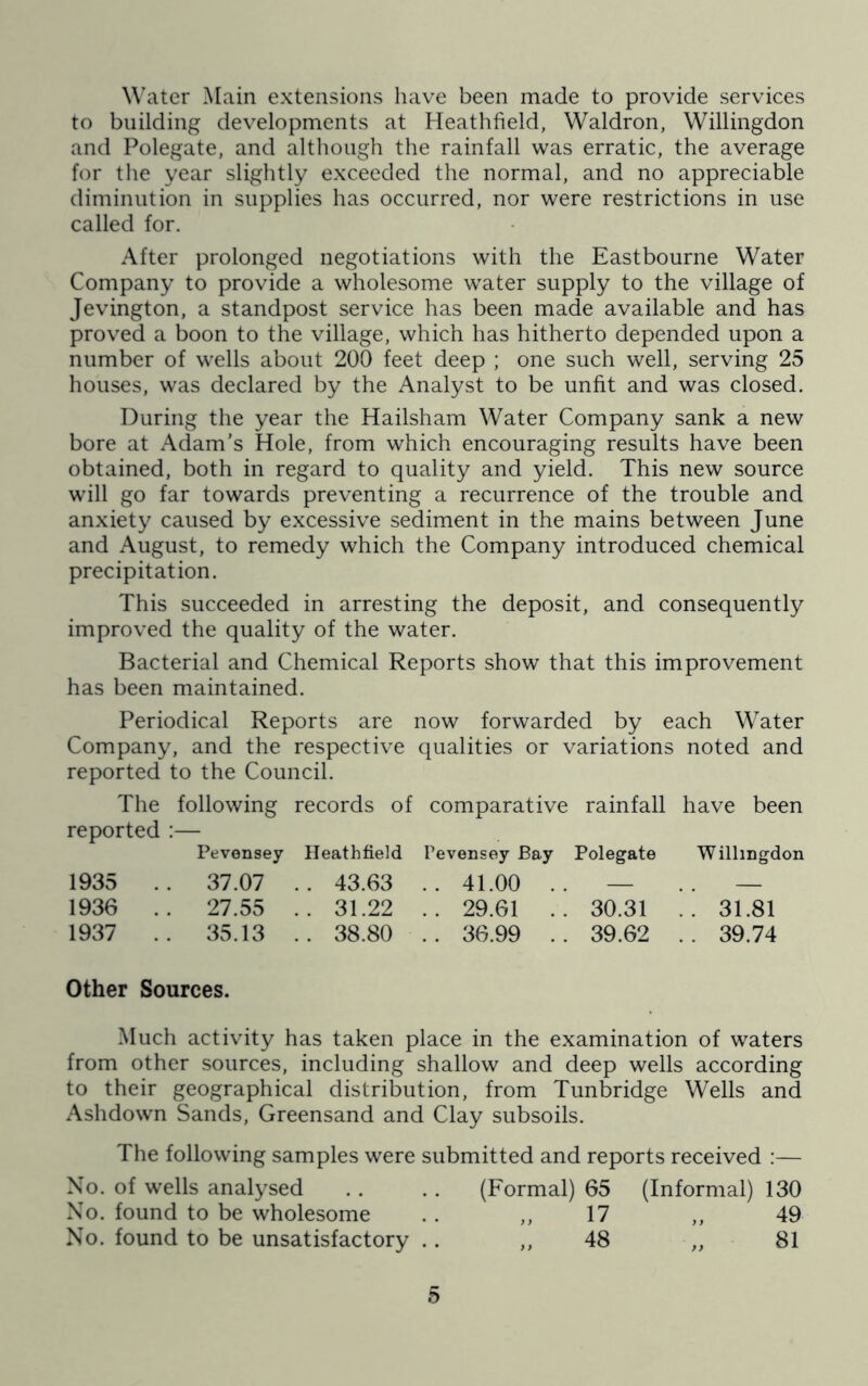 Water Main extensions have been made to provide services to building developments at Heathfield, Waldron, Willingdon and Polegate, and although the rainfall was erratic, the average for the year slightly exceeded the normal, and no appreciable diminution in supplies has occurred, nor were restrictions in use called for. After prolonged negotiations with the Eastbourne Water Company to provide a wholesome water supply to the village of Jevington, a standpost service has been made available and has proved a boon to the village, which has hitherto depended upon a number of wells about 200 feet deep ; one such well, serving 25 houses, was declared by the Analyst to be unfit and was closed. During the year the Hailsham Water Company sank a new bore at Adam’s Hole, from which encouraging results have been obtained, both in regard to quality and yield. This new source will go far towards preventing a recurrence of the trouble and anxiety caused by excessive sediment in the mains between June and August, to remedy which the Company introduced chemical precipitation. This succeeded in arresting the deposit, and consequently improved the quality of the water. Bacterial and Chemical Reports show that this improvement has been maintained. Periodical Reports are now forwarded by each Water Company, and the respective qualities or variations noted and reported to the Council. The following records of comparative rainfall have been reported :— Pevensey Heathfield Pevensey Bay Polegate Willingdon 1935 .. 37.07 .. 43.63 .. 41.00 .. — .. — 1936 .. 27.55 .. 31.22 .. 29.61 .. 30.31 .. 31.81 1937 .. 35.13 .. 38.80 .. 36.99 .. 39.62 .. 39.74 Other Sources. Much activity has taken place in the examination of waters from other sources, including shallow and deep wells according to their geographical distribution, from Tunbridge Wells and Ashdown Sands, Greensand and Clay subsoils. The following samples were submitted and reports received :— No. of wells analysed . . .. (Formal) 65 (Informal) 130 No. found to be wholesome .. ,, 17 ,, 49 No. found to be unsatisfactory .. ,, 48 „ 81