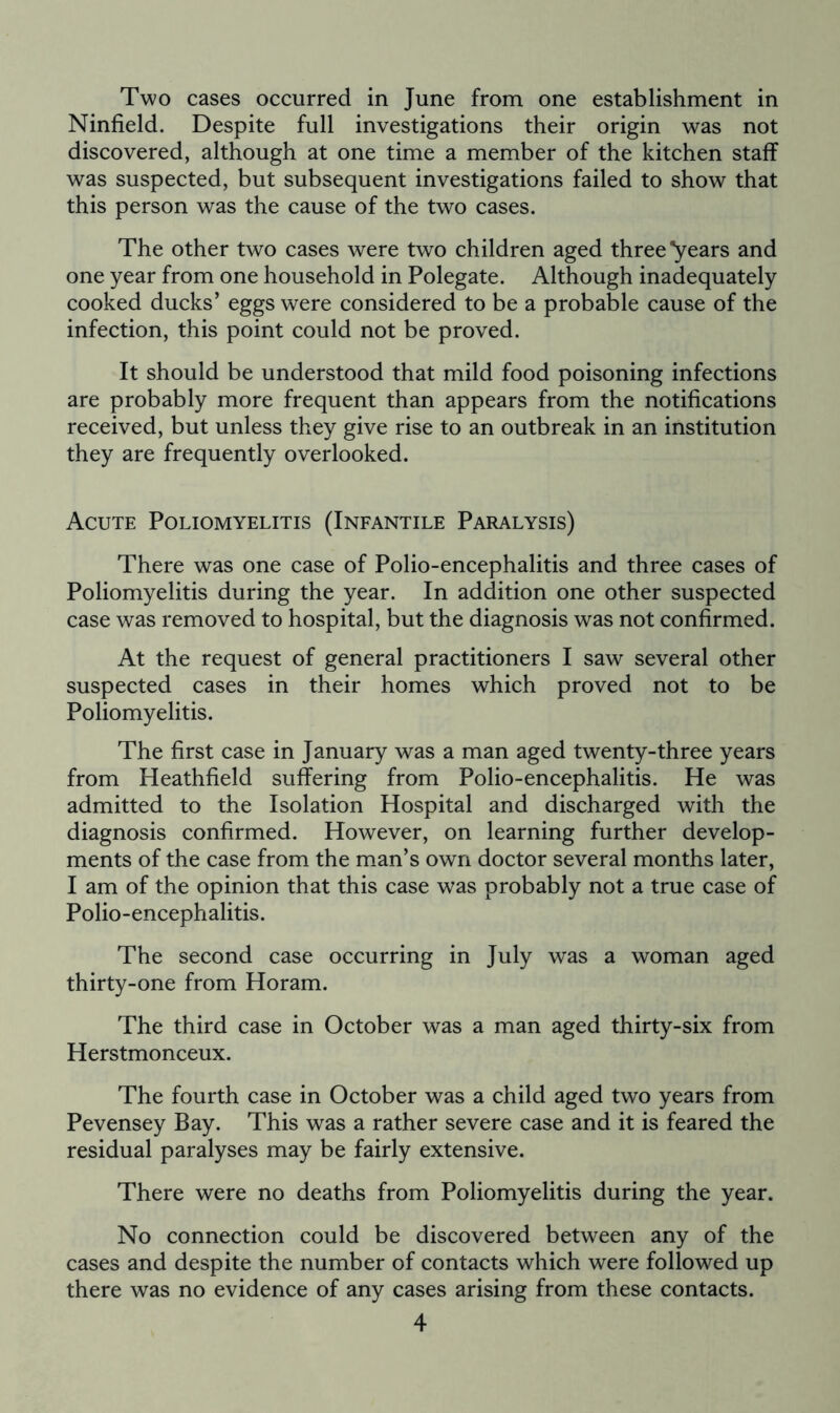 Two cases occurred in June from one establishment in Ninfield. Despite full investigations their origin was not discovered, although at one time a member of the kitchen staff was suspected, but subsequent investigations failed to show that this person was the cause of the two cases. The other two cases were two children aged three'years and one year from one household in Polegate. Although inadequately cooked ducks’ eggs were considered to be a probable cause of the infection, this point could not be proved. It should be understood that mild food poisoning infections are probably more frequent than appears from the notifications received, but unless they give rise to an outbreak in an institution they are frequently overlooked. Acute Poliomyelitis (Infantile Paralysis) There was one case of Polio-encephalitis and three cases of Poliomyelitis during the year. In addition one other suspected case was removed to hospital, but the diagnosis was not confirmed. At the request of general practitioners I saw several other suspected cases in their homes which proved not to be Poliomyelitis. The first case in January was a man aged twenty-three years from Heathfield suffering from Polio-encephalitis. He was admitted to the Isolation Hospital and discharged with the diagnosis confirmed. However, on learning further develop- ments of the case from the man’s own doctor several months later, I am of the opinion that this case was probably not a true case of Polio-encephalitis. The second case occurring in July was a woman aged thirty-one from Horam. The third case in October was a man aged thirty-six from Herstmonceux. The fourth case in October was a child aged two years from Pevensey Bay. This was a rather severe case and it is feared the residual paralyses may be fairly extensive. There were no deaths from Poliomyelitis during the year. No connection could be discovered between any of the cases and despite the number of contacts which were followed up there was no evidence of any cases arising from these contacts.