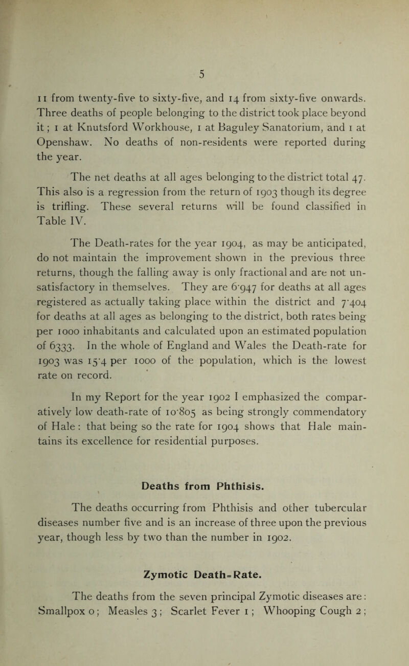 ii from twenty-five to sixty-five, and 14 from sixty-five onwards. Three deaths of people belonging to the district took place beyond it; 1 at Knutsford Workhouse, 1 at Baguley Sanatorium, and 1 at Openshaw. No deaths of non-residents were reported during the year. The net deaths at all ages belonging to the district total 47. This also is a regression from the return of 1903 though its degree is trifling. These several returns will be found classified in Table IV. The Death-rates for the year 1904, as may be anticipated, do not maintain the improvement showm in the previous three returns, though the falling away is only fractional and are not un- satisfactory in themselves. They are 6^947 for deaths at all ages registered as actually taking place within the district and 7^04 for deaths at all ages as belonging to the district, both rates being per 1000 inhabitants and calculated upon an estimated population of 6333. In the whole of England and Wales the Death-rate for 1903 was i5‘4 per 1000 of the population, which is the lowest rate on record. In my Report for the year 1902 I emphasized the compar- atively low death-rate of io‘8o5 as being strongly commendatory of Hale : that being so the rate for 1904 shows that Hale main- tains its excellence for residential purposes. Deaths from Phthisis. I The deaths occurring from Phthisis and other tubercular diseases number five and is an increase of three upon the previous year, though less by two than the number in 1902. Zymotic Death=Rate. The deaths from the seven principal Zymotic diseases are: Smallpox o; Measles 3 ; Scarlet Fever 1 ; Whooping Cough 2 ;