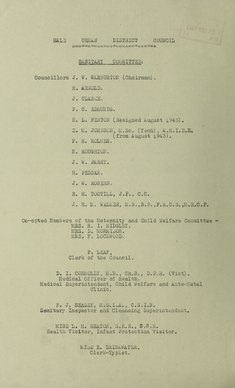 HALE URBAN DISTRICT COUNCIL SANITARY COMMITTEE: Councillors J. H. J • p. H. E. F. W. WARBURTON (Chairman). ARNOLD. CLARiJS 5 C. EDMUNDS. L. FENTON (Resigned August i943). M. JOHNSON, M.Sc. (Tech), A.M.I.E.E. (from August 4943). H. HOLMES. N. Jo H. J. R. J. HOUGHTON. W. PARRY. PEDDAR. W. ROGERS, H. TOOTILL, J.P., C.C. H. Mo WALKER, M.B. ,B. S. ,P.R,C . S. ,M.R.C .P. Co-opted Members of the Maternity and Child Welfare Committee MRS. R. I. MIDGLEY, MRS. D. MORRIbON. MRS. P. LOCKWOOD, P. LEAP, Clerk of the Council D. I. CONNOLLY, M.B., Ch.B., D.P.H. (Viet). Medical Officer of Health. Medical Superintendent, Child Welfare and Ante-Natal Cl inic. P. J. SEALEY, M.S.I.A., C.S.I.B. Sanitary Inspector and Cleansing Superintendent, MISS L. M. HEATON, S.R.N., S .0 .Ml. Health Visitor, Infant Protection Visitor. MIbS E. DRINKWATER, Clerk-Typist,