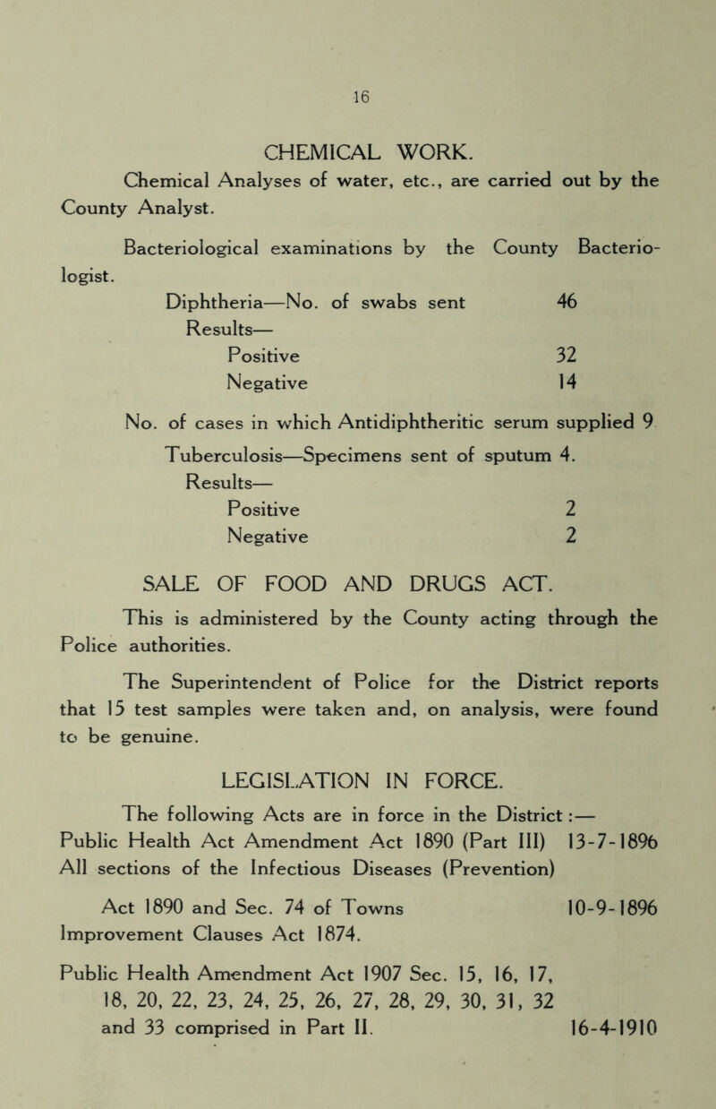 CHEMICAL WORK. Chemical Analyses of water, etc., are carried out by the County Analyst. Bacteriological examinations by the County Bacterio- logist. Diphtheria—No. of swabs sent 46 Results— Positive 32 Negative 14 No. of cases in which Antidiphtheritic serum supplied 9 Tuberculosis—Specimens sent of sputum 4. Results— Positive 2 Negative 2 SALE OF FOOD AND DRUGS ACT. This is administered by the County acting through the Police authorities. The Superintendent of Police for the District reports that 13 test samples were taken and, on analysis, were found to be genuine. LEGISLATION IN FORCE. The following Acts are in force in the District:— Public Health Act Amendment Act 1890 (Part III) 13-7-1896 All sections of the Infectious Diseases (Prevention) Act 1890 and Sec. 74 of Towns 10-9-1896 Improvement Clauses Act 1874. Public Health Amendment Act 1907 Sec. 15, 16, 17, 18, 20, 22, 23, 24, 25, 26, 27, 28, 29, 30, 31, 32 and 33 comprised in Part II. 16-4-1910