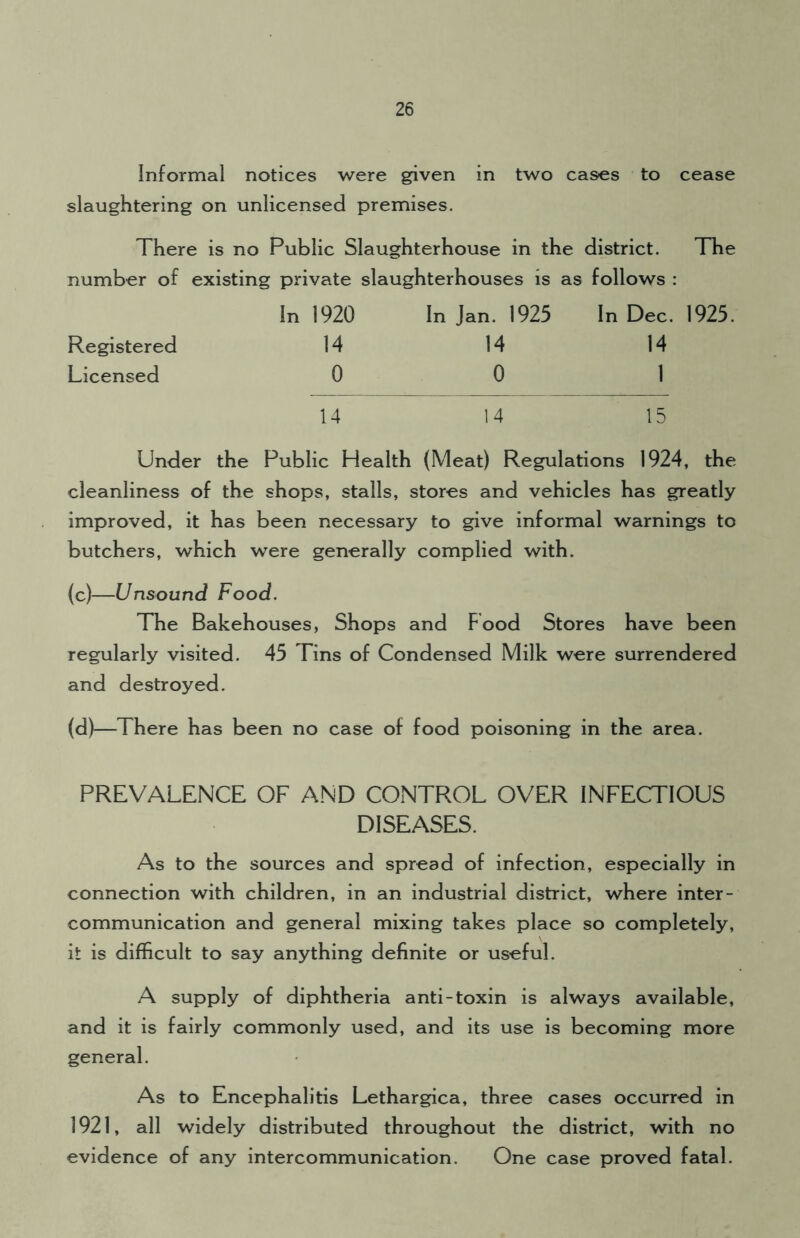 Informal notices were given in two cases to cease slaughtering on unlicensed premises. There is no Public Slaughterhouse in the district. The number of existing private slaughterhouses is as follows : In 1920 In Jan. 1925 In Dec. 1925. Registered 14 14 14 Licensed 0 0 1 14 14 15 Under the Public Health (Meat) Regulations 1924, the cleanliness of the shops, stalls, stores and vehicles has greatly improved, it has been necessary to give informal warnings to butchers, which were generally complied with. (c) —Unsound Food. The Bakehouses, Shops and Food Stores have been regularly visited. 45 Tins of Condensed Milk were surrendered and destroyed. (d) —There has been no case of food poisoning in the area. PREVALENCE OF AND CONTROL OVER INFECTIOUS DISEASES. As to the sources and spread of infection, especially in connection with children, in an industrial district, where inter- communication and general mixing takes place so completely, it is difficult to say anything definite or useful. A supply of diphtheria anti-toxin is always available, and it is fairly commonly used, and its use is becoming more general. As to Encephalitis Lethargica, three cases occurred in 1921, all widely distributed throughout the district, with no evidence of any intercommunication. One case proved fatal.