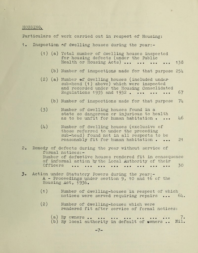 HOUSING-. Particulars of work carried out in respect of Housing: 1. Inspection of dwelling houses during the year:- (l) (a) Total number of dwelling houses inspected for housing defects (under the Public Health or Housing Acts) 2. 3. 138 (b) Number of inspections made for that purpose 254 (2) (a) Number t»f dwelling houses (included undar- sub-head (l) above) which were inspected and recorded under the Housing Consolidated Regulations 1935 and 1932 . ... 67 (b) Number of inspections made for that purpose 74 (3) Number of dwelling houses found in a state so dangerous or injurious to health as to be unfit for human habitation • ... 46 (4) Number of dwelling houses (exclusive of those referred to under the preceding sub-head) found not in all respects to be reasonably fit for human habitation . 21 Remedy of defects during the year without service of formal notices:- Number of defective houses rendered fit in consequence of informal action by the Local Authority of their Officers 30 Action under Statutory Powers during the year:- A - Proceedings under section 9? 10 and 16 of the Housing Act, 1936. (1) Number of dwelling-houses in respect of which notices were served requiring repairs ... 64. (2) Number of dwelling-houses which were rendered fit after service of formal notices: (a) By owners ... 7. (b) By local authority in default of owners .. Nil. -7-