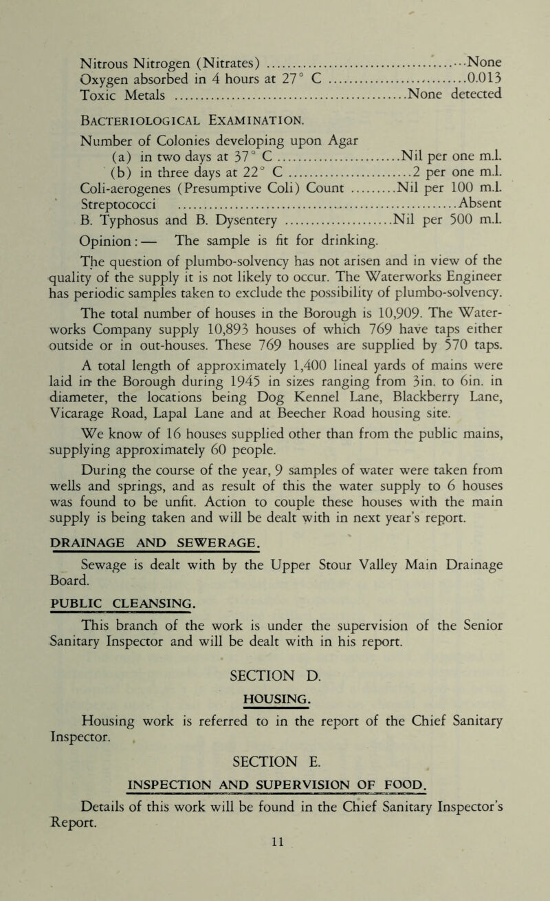 Nitrous Nitrogen (Nitrates) •■•None Oxygen absorbed in 4 hours at 27° C 0.013 Toxic Metals None detected Bacteriological Examination. Number of Colonies developing upon Agar (a) in two days at 37° C Nil per one m.l. (b) in three days at 22° C 2 per one ml. Coli-aerogenes (Presumptive Coli) Count Nil per 100 m.l. Streptococci Absent B. Typhosus and B. Dysentery Nil per 500 m.l. Opinion : — The sample is fit for drinking. The question of plumbo-solvency has not arisen and in view of the quality of the supply it is not likely to occur. The Waterworks Engineer has periodic samples taken to exclude the possibility of plumbo-solvency. The total number of houses in the Borough is 10,909- The Water- works Company supply 10,893 houses of which 769 have taps either outside or in out-houses. These 769 houses are supplied by 570 taps. A total length of approximately 1,400 lineal yards of mains were laid in the Borough during 1945 in sizes ranging from 3in. to 6in. in diameter, the locations being Dog Kennel Lane, Blackberry Lane, Vicarage Road, Lapal Lane and at Beecher Road housing site. We know of 16 houses supplied other than from the public mains, supplying approximately 60 people. During the course of the year, 9 samples of water were taken from wells and springs, and as result of this the water supply to 6 houses was found to be unfit. Action to couple these houses with the main supply is being taken and will be dealt with in next year’s report. DRAINAGE AND SEWERAGE. Sewage is dealt with by the Upper Stour Valley Main Drainage Board. PUBLIC CLEANSING. This branch of the work is under the supervision of the Senior Sanitary Inspector and will be dealt with in his report. SECTION D. HOUSING. Housing work is referred to in the report of the Chief Sanitary Inspector. SECTION E. INSPECTION AND SUPERVISION OF FOOD. Details of this work will be found in the Chief Sanitary Inspector’s Report.