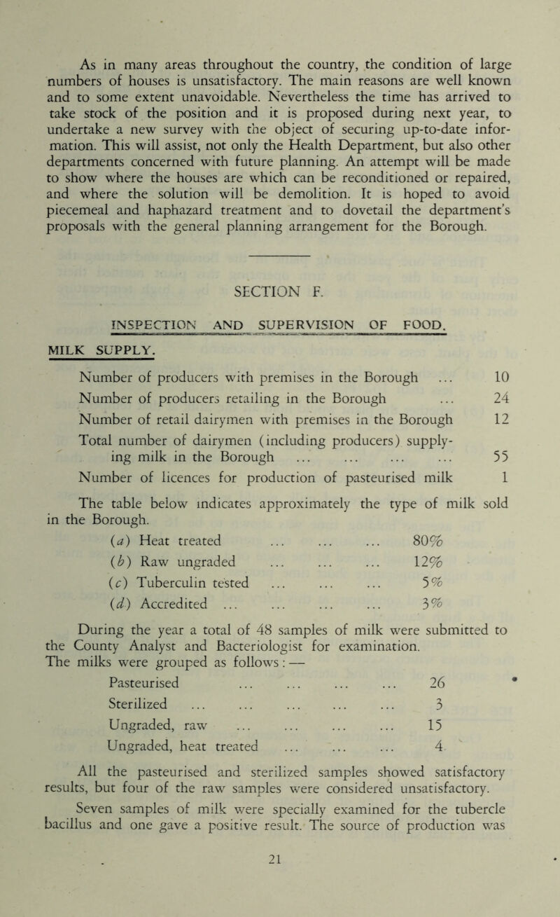 As in many areas throughout the country, the condition of large numbers of houses is unsatisfactory. The main reasons are well known and to some extent unavoidable. Nevertheless the time has arrived to take stock of the position and it is proposed during next year, to undertake a new survey with the object of securing up-to-date infor- mation. This will assist, not only the Health Department, but also other departments concerned with future planning. An attempt will be made to show where the houses are which can be reconditioned or repaired, and where the solution will be demolition. It is hoped to avoid piecemeal and haphazard treatment and to dovetail the department’s proposals with the general planning arrangement for the Borough. SECTION F. INSPECTION AND SUPE R VIS ION OF FOOD. MILK SUPPLY. Number of producers with premises in the Borough ... 10 Number of producers retailing in the Borough ... 24 Number of retail dairymen with premises in the Borough 12 Total number of dairymen (including producers) supply- ing milk in the Borough ... ... ... ... 55 Number of licences for production of pasteurised milk 1 The table below indicates approximately the in the Borough. type of milk sold (a) Heat treated 80% (b) Raw ungraded 12% (c) Tuberculin tested 5% (d) Accredited ... 3% During the year a total of 48 samples of milk were submitted to the County Analyst and Bacteriologist for examination. The milks were grouped as follows: — Pasteurised 26 Sterilized 3 Ungraded, raw 15 Ungraded, heat treated 4. ' All the pasteurised and sterilized samples showed satisfactory results, but four of the raw samples were considered unsatisfactory. Seven samples of milk were specially examined for the tubercle bacillus and one gave a positive result. The source of production was