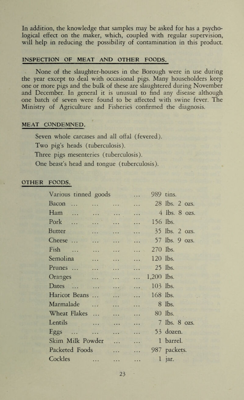 In addition, the knowledge that samples may be asked for has a psycho- logical effect on the maker, which, coupled with regular supervision, will help in reducing the possibility of contamination in this product. INSPECTION OF MEAT AND OTHER FOODS. None of the slaughter-houses in the Borough were in use during the year except to deal with occasional pigs. Many householders keep one or more pigs and the bulk of these are slaughtered during November and December. In general it is unusual to find any disease although one batch of seven were found to be affected with swine fever. The Ministry of Agriculture and Fisheries confirmed the diagnosis. MEAT CONDEMNED. Seven whole carcases and all offal (fevered). Two pig’s heads (tuberculosis). Three pigs mesenteries (tuberculosis). One beast’s head and tongue (tuberculosis). OTHER FOODS. Various tinned goods Bacon ... Ham Pork Butter Cheese ... Fish Semolina Prunes ... Oranges Dates Haricot Beans ... Marmalade Wheat Flakes ... Lentils 270 lbs. 120 lbs. 25 lbs. 1,200 lbs. 103 lbs. 168 lbs. 8 lbs. 80 lbs. 989 tins. 7 lbs. 8 ozs. 53 dozen. 1 barrel. 987 packets. 1 jar. 28 lbs. 2 ozs. 4 lbs. 8 ozs. 156 lbs. 35 lbs. 2 ozs. 57 lbs. 9 ozs. Eggs Skim Milk Powder Packeted Foods Cockles