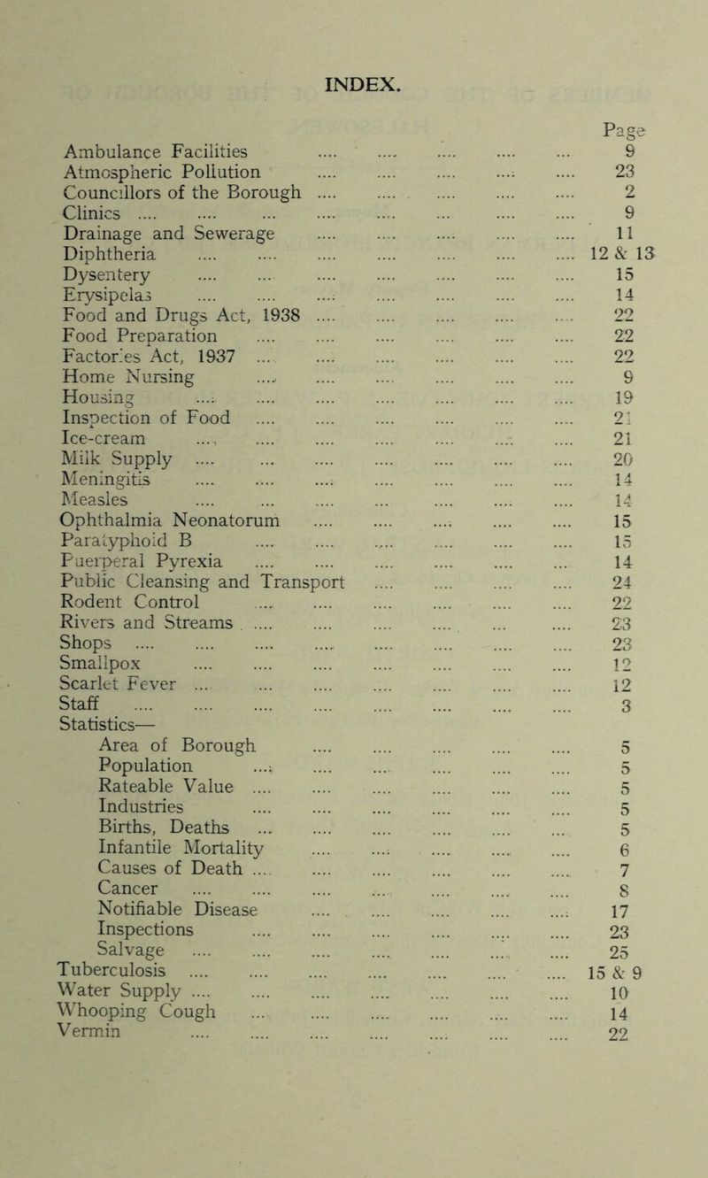 INDEX. Ambulance Facilities Atmospheric Pollution Councillors of the Borough Clinics .... Drainage and Sewerage Diphtheria Dysentery Erysipelas Food and Drugs Act, 1938 Food Preparation Factories Act, 1937 Home Nursing Housing ...: Inspection of Food Ice-cream Milk Supply Meningitis Measles Ophthalmia Neonatorum Paratyphoid B Puerperal Pyrexia Public Cleansing and Transp Rodent Control Rivers and Streams Shops Smallpox Scarlet Fever Staff .... Statistics— Area of Borough Population Rateable Value ... Industries Births, Deaths Infantile Mortality Causes of Death ... Cancer Notifiable Disease Inspections Salvage Tuberculosis Water Supply .... Whooping Cough Vermin rt Page 9 23 2 9 11 12 & 13 15 14 22 22 22 9 19 21 21 20 14 14 15 15 14 24 22 23 23 12 12 3 5 5 5 5 5 6 7 8 17 23 25 15 & 9 10 14 22
