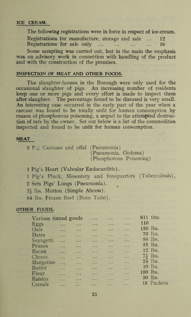 ICE CREAM. The following registrations were in force in respect of ice-cream. Registrations for manufacture, storage and sale .... 12 Registrations for sale only ..... 16 Some sampling was carried out, but in the main the emphasis was on advisory work in connection with handling of the product and with the construction of the premises. INSPECTION OF MEAT AND OTHER FOODS. The slaughter-houses in the Borough were only used for the occasional slaughter of pigs. An increasing number of residents keep one or more pigs and every effort is made to inspect them after slaughter. The percentage found to be diseased is very small. An interesting case occurred in the early part of the year when a carcase was found to be totally unfit for human consumption by reason of phosphorous poisoning, a sequel to the attempted destruc- tion of rats by the owner. Set out below is a list of the commodities inspected and found to be unfit for human consumption. MEAT 3 Pig Carcases and offal (Pneumonia) (Pneumonia, Oedema) (Phosphorous Poisoning) 1 Pig’s Heart (Valvular Endocarditis). 1 Pig’s Pluck, Mesentery and forequarters (Tuberculosis), 2 Sets Pigs’ Lungs (Pneumonia). 2J lbs. Mutton (Simple Abcess). 64 lbs. Frozen Beef (Bone Taint). OTHER FOODS. Various tinned goods Eggs Oats Dates Soyagetti ...< Prunes Bacon Cheese Margerine .... Butter Flour Raisins Cereals 811 tins 116 150 lbs. 70 lbs. 56 lbs. 55 lbs. 12 lbs. 7J lbs. 24 lbs. 10 lbs. 100 lbs. 30 lbs. 18 Packets