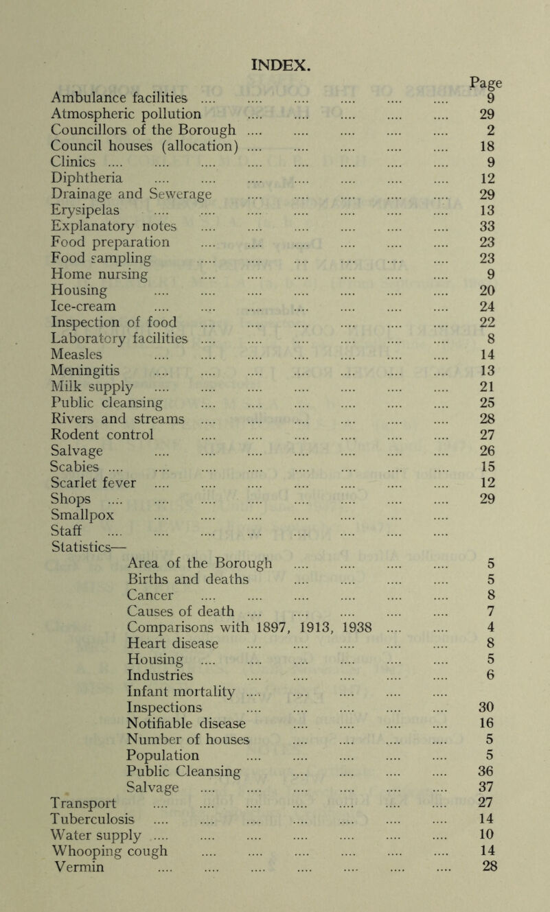 INDEX. Page Ambulance facilities 9 Atmospheric pollution .... .... .... .... .... 29 Councillors of the Borough 2 Council houses (allocation) .... .... .... .... .... 18 Clinics .... .... .... .... .... .... .... .... 9 Diphtheria 12 Drainage and Sewerage 29 Erysipelas .... 13 Explanatory notes 33 Food preparation .... .... .... .... .... .... 23 Food sampling 23 Home nursing .... .... .... .... .... 9 Housing 20 Ice-cream 24 Inspection of food 22 Laboratory facilities .... .... .... .... .... .... 8 Measles 14 Meningitis 13 Milk supply 21 Public cleansing 25 Rivers and streams .... .... .... .... .... .... 28 Rodent control 27 Salvage 26 Scabies .... .... .... .... .... .... .... .... 15 Scarlet fever .... .... .... .... .... .... .... 12 Shops 29 Smallpox Staff Statistics— Area of the Borough 5 Births and deaths .... .... .... .... 5 Cancer .... .... .... .... .... .... 8 Causes of death 7 Comparisons with 1897, 1913, 1938 4 Heart disease .... .... .... .... .... 8 Housing 5 Industries 6 Infant mortality .... Inspections .... .... .... .... .... 30 Notifiable disease .... .... .... .... 16 Number of houses .... .... .... .... 5 Population 5 Public Cleansing 36 Salvage 37 Transport 27 Tuberculosis .... .... .... .... .... .... .... 14 Water supply .... .... .... .... .... .... .... 10 Whooping cough .... .... .... .... .... .... 14 Vermin 28