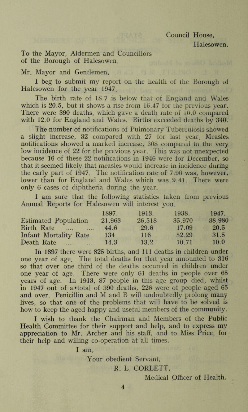 Council House, Halesowen. To the Mayor, Aldermen and Councillors of the Borough of Halesowen. Mr. Mayor and Gentlemen, I beg to submit my report on the health of the Borough of Halesowen for the year 1947. The birth rate of 18.7 is below that of England and Wales which is 20.5, but it shows a rise from 16.47 for the previous year. There were 390 deaths, which gave a death rate of 10.0 compared with 12.0 for England and Wales. Births exceeded deaths by 340. The number of notifications of Pulmonary Tuberculosis showed a slight increase, 32 compared with 27 for last year. Measles notifications showed a marked increase, 308 compared to the very low incidence of 22 for the previous year. This was not unexpected because 16 of these 22 notifications in 1946 were for December, so that it seemed likely that measles would increase in incidence during the early part of 1947. The notification rate of 7.90 was, however, lower than for England and Wales which was 9.41. There were only 6 cases of diphtheria during the year. I am sure that the following statistics taken from previous Annual Reports for Halesowen will interest you. 1897. 1913. 1938. 1947. Estimated Population 21,963 26,518 35,970 38,980 Birth Rate 44.6 29.6 17.09 20.5 Infant Mortality Rate 134 116 52,29 31.5 Death Rate 14.3 13.2 10.71 10.0 In 1897 there were 825 births, and 111 deaths in children under one year of age. The total deaths for that year amounted to 316 so that over one third of the deaths occurred in children under one year of age. There were only 61 deaths in people over 65 years of age. In 1913, 87 people in this age group died, whilst in 1947 out of a*total of 390 deaths, 226 were of people aged 65 and over. Penicillin and M and B will undoubtedly prolong many lives, so that one of the problems that will have to be solved is how to keep the aged happy and useful members of the community. I wi^h to thank the Chairman and Members of the Public Health Committee for their support and help, and to express my appreciation to Mr. Archer and his staff, and to Miss Price, for their help and willing co-operation at all times. I am, Your obedient Servant, R. L. CORLETT, Medical Officer of Health.