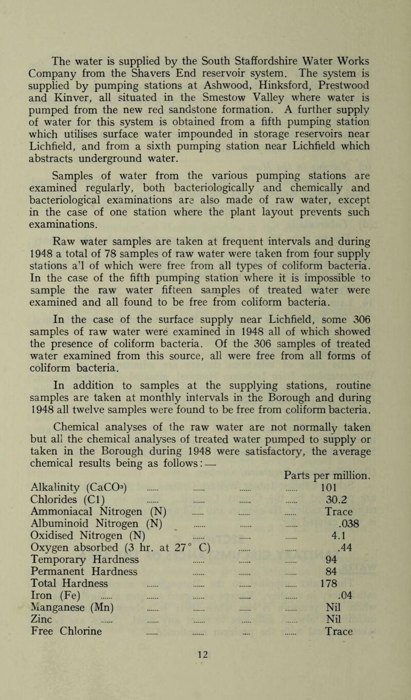 The water is supplied by the South Staffordshire Water Works Company from the Shavers End reservoir system. The system is supplied by pumping stations at Ashwood, Hinksford, Prestwood and Kinver, all situated in the Smestow Valley where water is pumped from the new red sandstone formation. A further supply of water for this system is obtained from a fifth pumping station which utilises surface water impounded in storage reservoirs near Lichfield, and from a sixth pumping station near Lichfield which abstracts underground water. Samples of water from the; various pumping stations are examined regularly, both bacteriologically and chemically and bacteriological examinations are also made of raw water, except in the case of one station where the plant layout prevents such examinations. Raw water samples are taken at frequent intervals and during 1948 a total of 78 samples of raw water were taken from four supply stations ad of which were free from all types of coliform bacteria. In the case of the fifth pumping station where it is impossible to sample the raw water fifteen samples of treated water were examined and all found to be free from coliform bacteria. In the case of the surface supply near Lichfield, some 306 samples of raw water were examined in 1948 all of which showed the presence of coliform bacteria. Of the 306 samples of treated water examined from this source, all were free from all forms of coliform bacteria. In addition to samples at the supplying stations, routine samples are taken at monthly intervals in the Borough and during 1948 all twelve samples were found to be free from coliform bacteria. Chemical analyses of the raw water are not normally taken but all the chemical analyses of treated water pumped to supply or taken in the Borough during 1948 were satisfactory, the average chemical results being as follows: — Parts per million. Alkalinity (CaCO3) 101 Chlorides (Cl) 30.2 Ammoniacal Nitrogen (N) Trace Albuminoid Nitrogen (N) .038 Oxidised Nitrogen (N) 4.1 Oxygen absorbed (3 hr. at 27° C) .44 Temporary Hardness 94 Permanent Hardness 84 Total Hardness 178 Iron (Fe) .04 Manganese (Mn) ...... Nil Zinc Nil Free Chlorine .... Trace