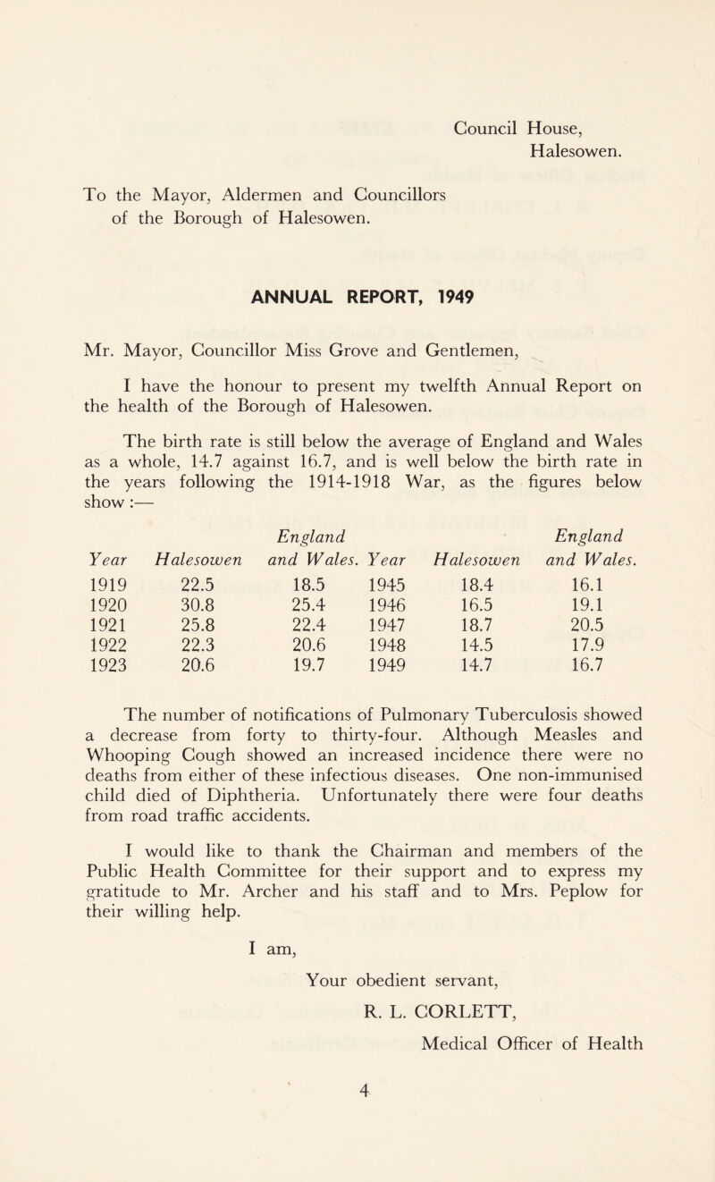 Council House, Halesowen. To the Mayor, Aldermen and Councillors of the Borough of Halesowen. ANNUAL REPORT, 1949 Mr. Mayor, Councillor Miss Grove and Gentlemen, I have the honour to present my twelfth Annual Report on the health of the Borough of Halesowen. The birth rate is still below the average of England and Wales as a whole, 14.7 against 16.7, and is well below the birth rate in the years following the 1914-1918 War, as the figures below show :— Year Halesowen England and Wales. Year Halesowen England and Wales. 1919 22.5 18.5 1945 18.4 16.1 1920 30.8 25.4 1946 16.5 19.1 1921 25.8 22.4 1947 18.7 20.5 1922 22.3 20.6 1948 14.5 17.9 1923 20.6 19.7 1949 14.7 16.7 The number of notifications of Pulmonary Tuberculosis showed a decrease from forty to thirty-four. Although Measles and Whooping Cough showed an increased incidence there were no deaths from either of these infectious diseases. One non-immunised child died of Diphtheria. Unfortunately there were four deaths from road traffic accidents. I would like to thank the Chairman and members of the Public Health Committee for their support and to express my gratitude to Mr. Archer and his staff and to Mrs. Peplow for their willing help. I am, Your obedient servant, R. L. CORLETT, Medical Officer of Health