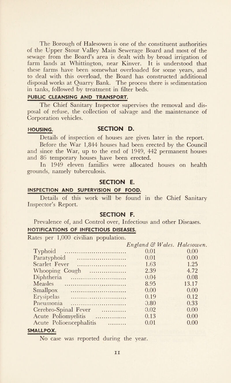 The Borough of Halesowen is one of the constituent authorities of the Upper Stour Valley Main Sewerage Board and most of the sewage from the Board’s area is dealt with by broad irrigation of farm lands at Whittington, near Kinver. It is understood that these farms have been somewhat overloaded for some years, and to deal with this overload, the Board has constructed additional disposal works at Quarry Bank. The process there is sedimentation in tanks, followed by treatment in filter beds. PUBL8C CLEANSING AND TRANSPORT. The Chief Sanitary Inspector supervises the removal and dis- posal of refuse, the collection of salvage and the maintenance of Corporation vehicles. HOUSING. SECTION D. Details of inspection of houses are given later in the report. Before the War 1,844 houses had been erected by the Council and since the War, up to the end of 1949, 442 permanent houses and 86 temporary houses have been erected. In 1949 eleven families were allocated houses on health grounds, namely tuberculosis. SECTION E. INSPECTION AND SUPERVISION OF FOOD. Details of this work will be found in the Chief Sanitary Inspector’s Report. SECTION F. Prevalence of, and Control over, Infectious and other Diseases. NOTIFICATIONS OF INFECTIOUS DISEASES, Rates per 1,000 civilian population. England & Wales. Halesou Typhoid 0.01 0.00 Paratyphoid 0.01 0.00 Scarlet Fever 1.63 1.25 Whooping Cough 2.39 4.72 Diphtheria 0.04 0.08 Measles 8.95 13.17 Smallpox 0.00 0.00 Erysipelas 0.19 0.12 Pneumonia 0.80 0.33 Cerebro-Spinal Fever 0.02 0.00 Acute Poliomyelitis 0.13 0.00 Acute Polioencephalitis 0.01 0.00 SMALLPOX. No case was reported during the year.