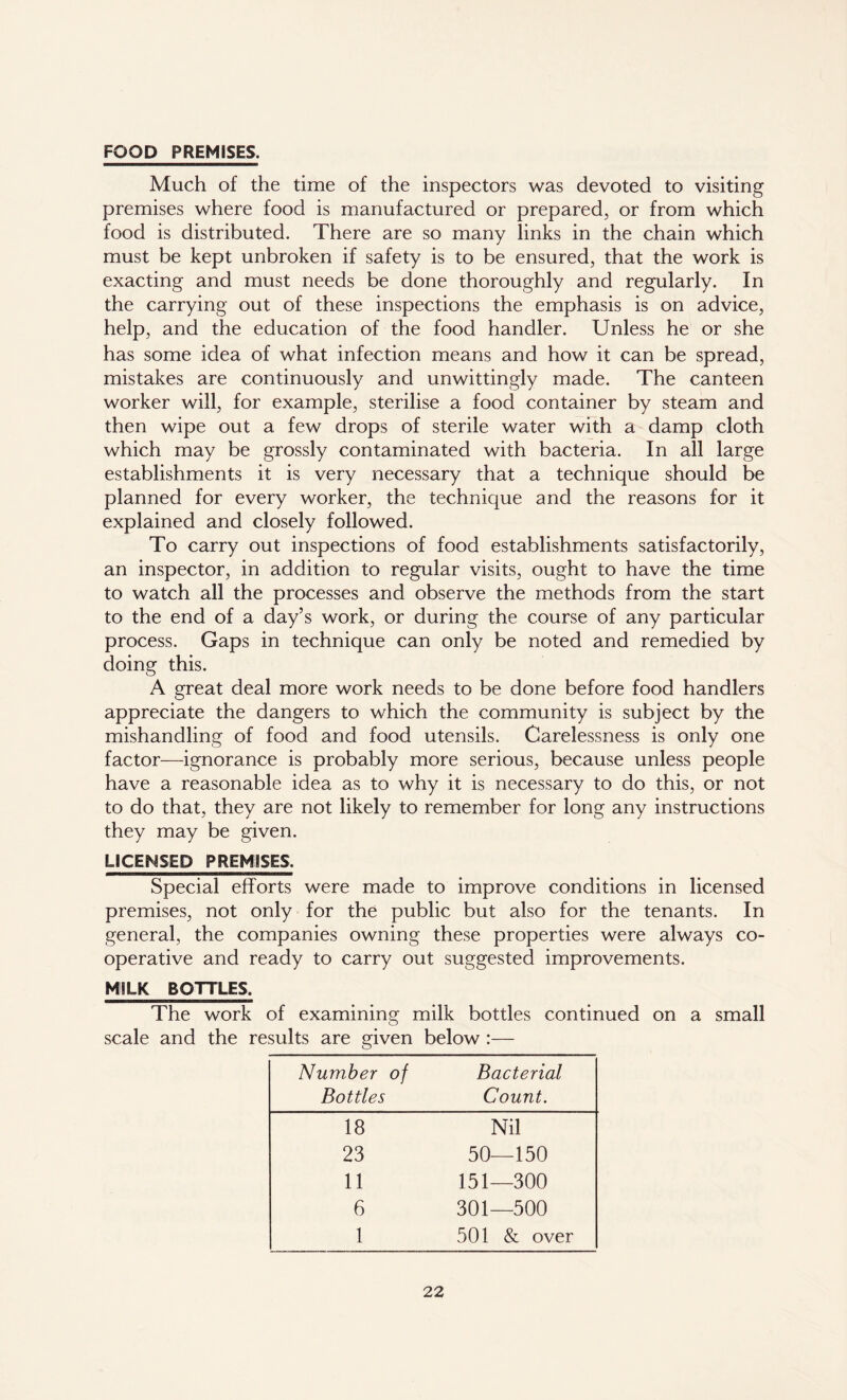 FOOD PREMISES. Much of the time of the inspectors was devoted to visiting premises where food is manufactured or prepared, or from which food is distributed. There are so many links in the chain which must be kept unbroken if safety is to be ensured, that the work is exacting and must needs be done thoroughly and regularly. In the carrying out of these inspections the emphasis is on advice, help, and the education of the food handler. Unless he or she has some idea of what infection means and how it can be spread, mistakes are continuously and unwittingly made. The canteen worker will, for example, sterilise a food container by steam and then wipe out a few drops of sterile water with a damp cloth which may be grossly contaminated with bacteria. In all large establishments it is very necessary that a technique should be planned for every worker, the technique and the reasons for it explained and closely followed. To carry out inspections of food establishments satisfactorily, an inspector, in addition to regular visits, ought to have the time to watch all the processes and observe the methods from the start to the end of a day’s work, or during the course of any particular process. Gaps in technique can only be noted and remedied by doing this. A great deal more work needs to be done before food handlers appreciate the dangers to which the community is subject by the mishandling of food and food utensils. Carelessness is only one factor—ignorance is probably more serious, because unless people have a reasonable idea as to why it is necessary to do this, or not to do that, they are not likely to remember for long any instructions they may be given. LICENSED PREMISES. Special efforts were made to improve conditions in licensed premises, not only for the public but also for the tenants. In general, the companies owning these properties were always co- operative and ready to carry out suggested improvements. MILK BOTTLES. The work of examining milk bottles continued on a small scale and the results are given below :— Number of Bottles Bacterial Count. 18 Nil 23 50 150 11 151—300 6 301—500 1 501 & over