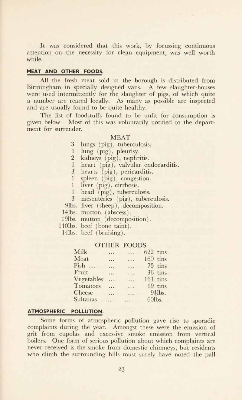 It was considered that this work, by focussing continuous attention on the necessity for clean equipment, was well worth while. MEAT AND OTHER FOODS. All the fresh meat sold in the borough is distributed from Birmingham in specially designed vans. A few slaughter-houses were used intermittently for the slaughter of pigs, of which quite a number are reared locally. As many as possible are inspected and are usually found to be quite healthy. The list of foodstuffs found to be unfit for consumption is given below. Most of this was voluntarily notified to the depart- ment for surrender. MEAT 3 lungs (pig), tuberculosis. 1 lung (pig), pleurisy. 2 kidneys (pig), nephritis. 1 heart (pig), valvular endocarditis. 3 hearts (pig), pericarditis. 1 spleen (pig), congestion. 1 liver (pig), cirrhosis. 1 head (pig), tuberculosis. 3 mesenteries (pig), tuberculosis. 91bs. liver (sheep), decomposition. 141bs. mutton (abscess). 191bs. mutton (decomposition). 1401bs. beef (bone taint). 141bs. beef (bruising). ATMOSPHERIC OTHER FOODS Milk 622 tins Meat 160 tins Fish ... 75 tins Fruit 36 tins Vegetables ... 161 tins Tomatoes 19 tins Cheese 9£lbs. Sultanas 601bs. POLLUTION. Some forms of atmospheric pollution gave rise to sporadic complaints during the year. Amongst these were the emission of grit from cupolas and excessive smoke emission from vertical boilers. One form of serious pollution about which complaints are never received is the smoke from domestic chimneys, but residents who climb the surrounding hills must surely have noted the pall