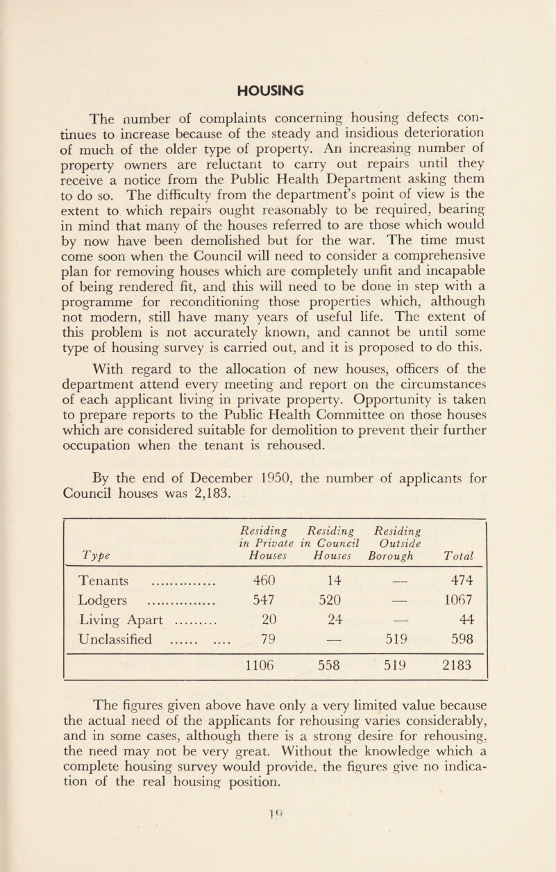 HOUSING The number of complaints concerning housing defects con- tinues to increase because of the steady and insidious deterioration of much of the older type of property. An increasing number of property owners are reluctant to carry out repairs until they receive a notice from the Public Health Department asking them to do so. The difficulty from the department’s point of view is the extent to which repairs ought reasonably to be required, bearing in mind that many of the houses referred to are those which would by now have been demolished but for the war. The time must come soon when the Council will need to consider a comprehensive plan for removing houses which are completely unfit and incapable of being rendered fit, and this will need to be done in step with a programme for reconditioning those properties which, although not modern, still have many years of useful life. The extent of this problem is not accurately known, and cannot be until some type of housing survey is carried out, and it is proposed to do this. With regard to the allocation of new houses, officers of the department attend every meeting and report on the circumstances of each applicant living in private property. Opportunity is taken to prepare reports to the Public Health Committee on those houses which are considered suitable for demolition to prevent their further occupation when the tenant is rehoused. By the end of December 1950, the number of applicants for Council houses was 2,183. Presiding Residing Residing in Private in Council Outside Type Houses Houses Borough Total Tenants 460 14 — 474 Lodgers 547 520 — 1067 Living Apart 20 24 — 44 Unclassified 79 -—- 519 598 1106 558 519 2183 The figures given above have only a very limited value because the actual need of the applicants for rehousing varies considerably, and in some cases, although there is a strong desire for rehousing, the need may not be very great. Without the knowledge which a complete housing survey would provide, the figures give no indica- tion of the real housing position.