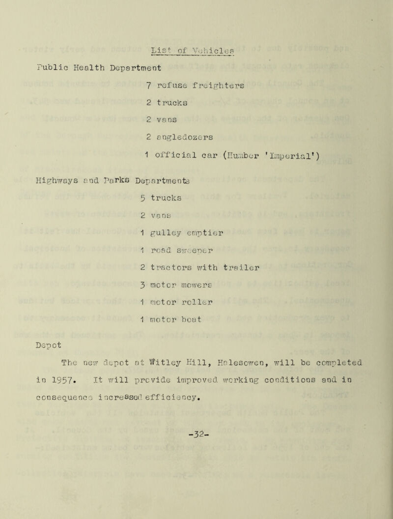List of Vohides Public Health Department 7 refuse freighters 2 trucks 2 vans 2 angledozers 1 official car (Humber ’Imperial’) Highways and Parks Departments 5 trucks 2 vans 1 gulley emptier 1 road sweeper 2 tractors with trailer 3 motor mowers 1 motor roller 1 motor heat Depot The new depot at Witley Kill, Halesowen, will be completed in 1957* It will provide improved working conditions and in consequence increased efficiency. -32-