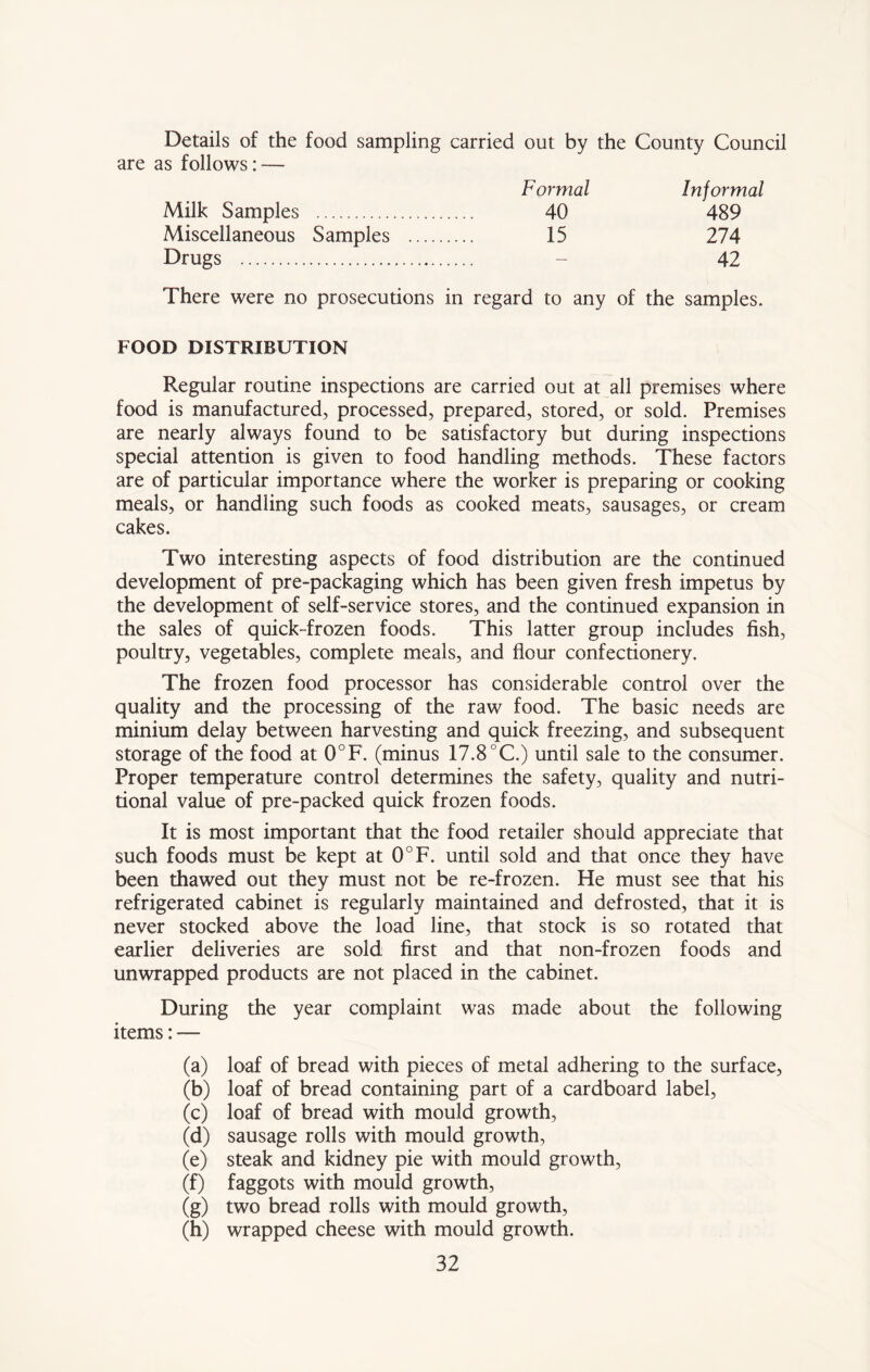 Details of the food sampling carried out by the County Council are as follows: — Formal Informal Milk Samples 40 489 Miscellaneous Samples 15 274 Drugs — 42 There were no prosecutions in regard to any of the samples. FOOD DISTRIBUTION Regular routine inspections are carried out at all premises where food is manufactured, processed, prepared, stored, or sold. Premises are nearly always found to be satisfactory but during inspections special attention is given to food handling methods. These factors are of particular importance where the worker is preparing or cooking meals, or handling such foods as cooked meats, sausages, or cream cakes. Two interesting aspects of food distribution are the continued development of pre-packaging which has been given fresh impetus by the development of self-service stores, and the continued expansion in the sales of quick-frozen foods. This latter group includes fish, poultry, vegetables, complete meals, and flour confectionery. The frozen food processor has considerable control over the quality and the processing of the raw food. The basic needs are minium delay between harvesting and quick freezing, and subsequent storage of the food at 0°F. (minus 17.8°C.) until sale to the consumer. Proper temperature control determines the safety, quality and nutri- tional value of pre-packed quick frozen foods. It is most important that the food retailer should appreciate that such foods must be kept at 0°F. until sold and that once they have been thawed out they must not be re-frozen. He must see that his refrigerated cabinet is regularly maintained and defrosted, that it is never stocked above the load line, that stock is so rotated that earlier deliveries are sold first and that non-frozen foods and unwrapped products are not placed in the cabinet. During the year complaint was made about the following items: — (a) loaf of bread with pieces of metal adhering to the surface, (b) loaf of bread containing part of a cardboard label, (c) loaf of bread with mould growth, (d) sausage rolls with mould growth, (e) steak and kidney pie with mould growth, (f) faggots with mould growth, (g) two bread rolls with mould growth, (h) wrapped cheese with mould growth.