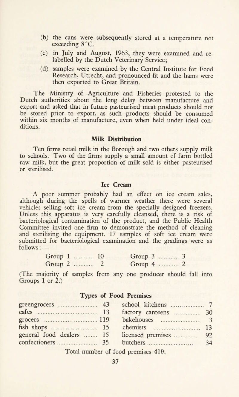 (b) the cans were subsequently stored at a temperature nor exceeding 8°C. (c) in July and August, 1963, they were examined and re- labelled by the Dutch Veterinary Service; (d) samples were examined by the Central Institute for Food Research, Utrecht, and pronounced fit and the hams were then exported to Great Britain. The Ministry of Agriculture and Fisheries protested to the Dutch authorities about the long delay between manufacture and export and asked that in future pasteurised meat products should not be stored prior to export, as such products should be consumed within six months of manufacture, even when held under ideal con- ditions. Milk Distribution Ten firms retail milk in the Borough and two others supply milk to schools. Two of the firms supply a small amount of farm bottled raw milk, but the great proportion of milk sold is either pasteurised or sterilised. Ice Cream A poor summer probably had an effect on ice cream sales, although during the spells of warmer weather there were several vehicles selling soft ice cream from the specially designed freezers. Unless this apparatus is very carefully cleansed, there is a risk of bacteriological contamination of the product, and the Public Health Committee invited one firm to demonstrate the method of cleaning and sterilising the equipment. 17 samples of soft ice cream were submitted for bacteriological examination and the gradings were as follows: — Group 1 .... 10 Group 3 .. 3 Group 2 ... 2 Group 4 . 2 (The majority of samples from any one producer should fall into Groups 1 or 2.) greengrocers Types of Food Premises 43 school kitchens ... 7 cafes 13 factory canteens . 30 grocers 119 bakehouses 3 fish shops 15 chemists 13 general food dealers 15 licensed premises . 92 confectioners 35 butchers 34 Total number of food premises 419.