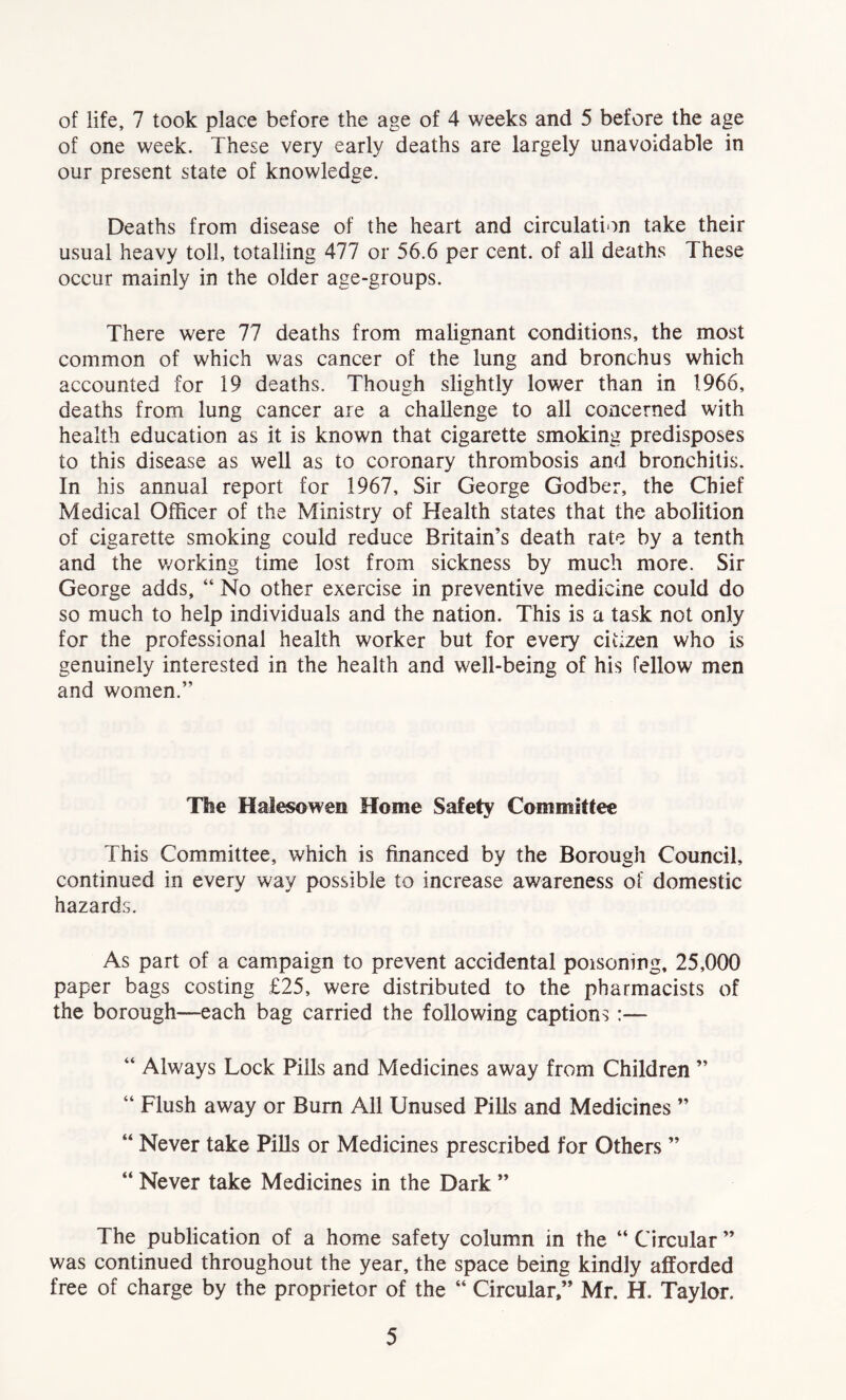of one week. These very early deaths are largely unavoidable in our present state of knowledge. Deaths from disease of the heart and circulation take their usual heavy toll, totalling 477 or 56.6 per cent, of all deaths These occur mainly in the older age-groups. There were 77 deaths from malignant conditions, the most common of which was cancer of the lung and bronchus which accounted for 19 deaths. Though slightly lower than in 1966, deaths from lung cancer are a challenge to all concerned with health education as it is known that cigarette smoking predisposes to this disease as well as to coronary thrombosis and bronchitis. In his annual report for 1967, Sir George Godber, the Chief Medical Officer of the Ministry of Health states that the abolition of cigarette smoking could reduce Britain’s death rate by a tenth and the v/orking time lost from sickness by much more. Sir George adds, “ No other exercise in preventive medicine could do so much to help individuals and the nation. This is a task not only for the professional health worker but for every citizen who is genuinely interested in the health and well-being of his fellow men and women.” The Halesowen Home Safety Committee This Committee, which is financed by the Borough Council, continued in every way possible to increase awareness of domestic hazards. As part of a campaign to prevent accidental poisoning, 25,000 paper bags costing £25, were distributed to the pharmacists of the borough—each bag carried the following captions:— “ Always Lock Pills and Medicines away from Children ” “ Flush away or Bum All Lfnused Pills and Medicines ” “ Never take PiUs or Medicines prescribed for Others ” “ Never take Medicines in the Dark ” The publication of a home safety column in the “ Circular ” was continued throughout the year, the space being kindly afforded free of charge by the proprietor of the “ Circular.” Mr. H. Taylor. 5