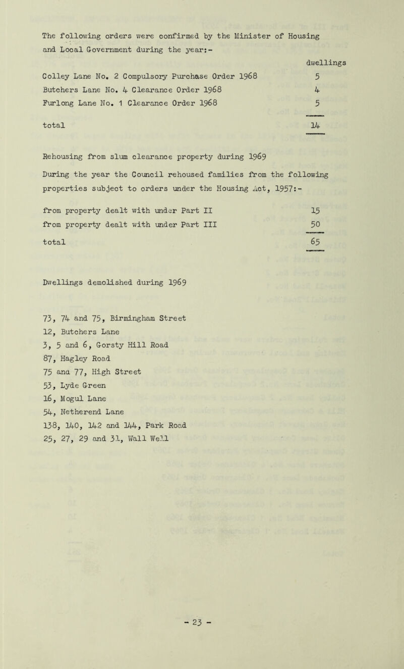 The following orders were confirmed by the Minister of Housing and Local Government during the year:- dwellings Colley Lane No. 2 Compulsory Purchase Order 1968 5 Butchers Lane No. 4 Clearance Order 1968 4 Furlong Lane No. 1 Clearance Order 1968 5 total 14 Rehousing from slum clearance property during 1969 During the year the Council rehoused families from the following properties subject to orders under the Housing Act, 1957:- from property dealt with under Part II 15 from property dealt with under Part III 50 total 65 Dwellings demolished during 1969 73, 74 and 75, Birmingham Street 12, Butchers Lane 3, 5 and 6, Gorsty Hill Road 87, Hagley Road 75 ana 77, High Street 53, Lyde Green 16, Mogul Lane 54, Netherend Lane 138, 140, 142 and 144, Park Road 25, 27, 29 and 31, Wall Well